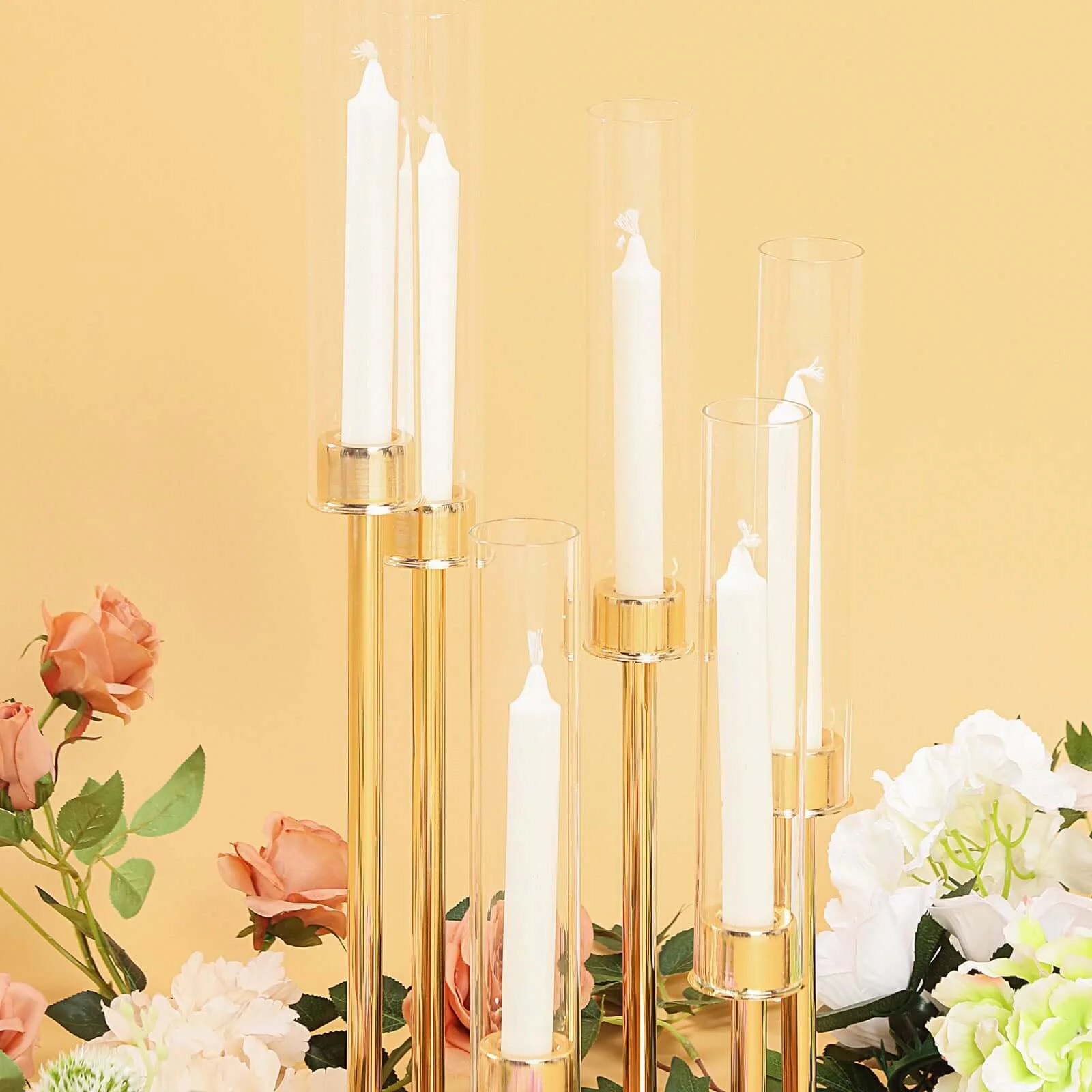6-Arm Gold Cluster Taper Candle Holder with Clear Glass Shades 24" - Chic Candle Arrangement for Intimate Events - Image 7