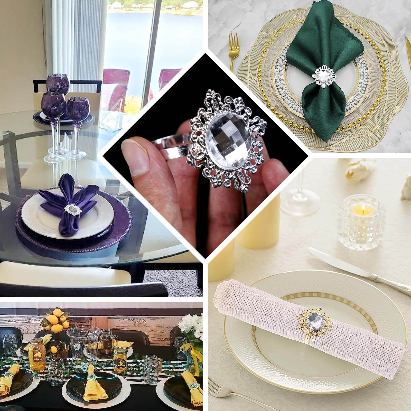 6 Pack Gold Metal Diamond Bling Napkin Holders, Crystal Rhinestone Napkin Rings 2" - Image 6