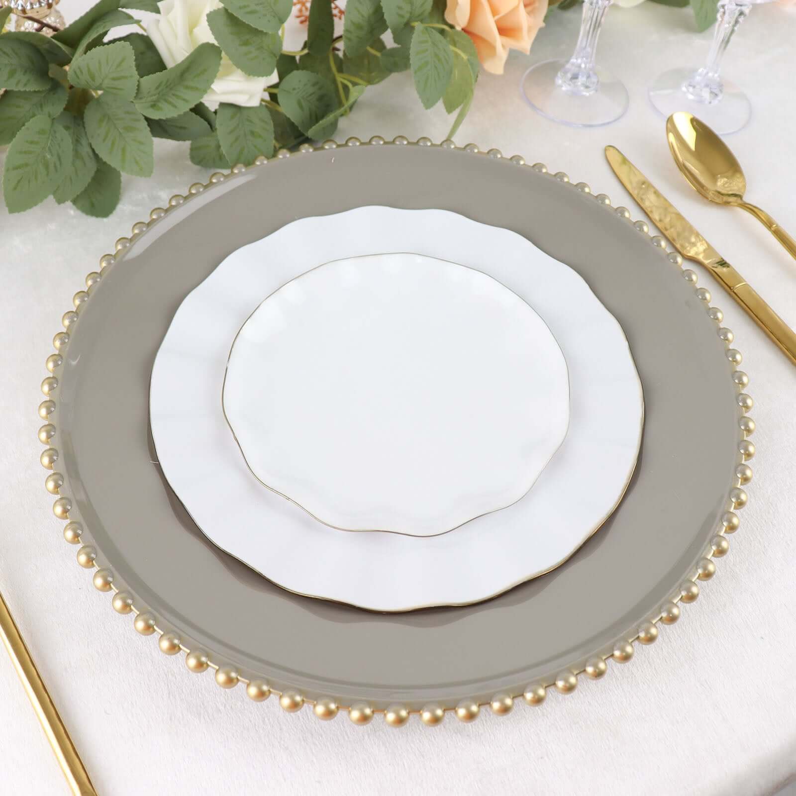 6-Pack Acrylic Charger Plates 13" Round Charcoal Gray with Gold Beaded Rim - Decorative Dinner Party Charger Tableware - Image 2