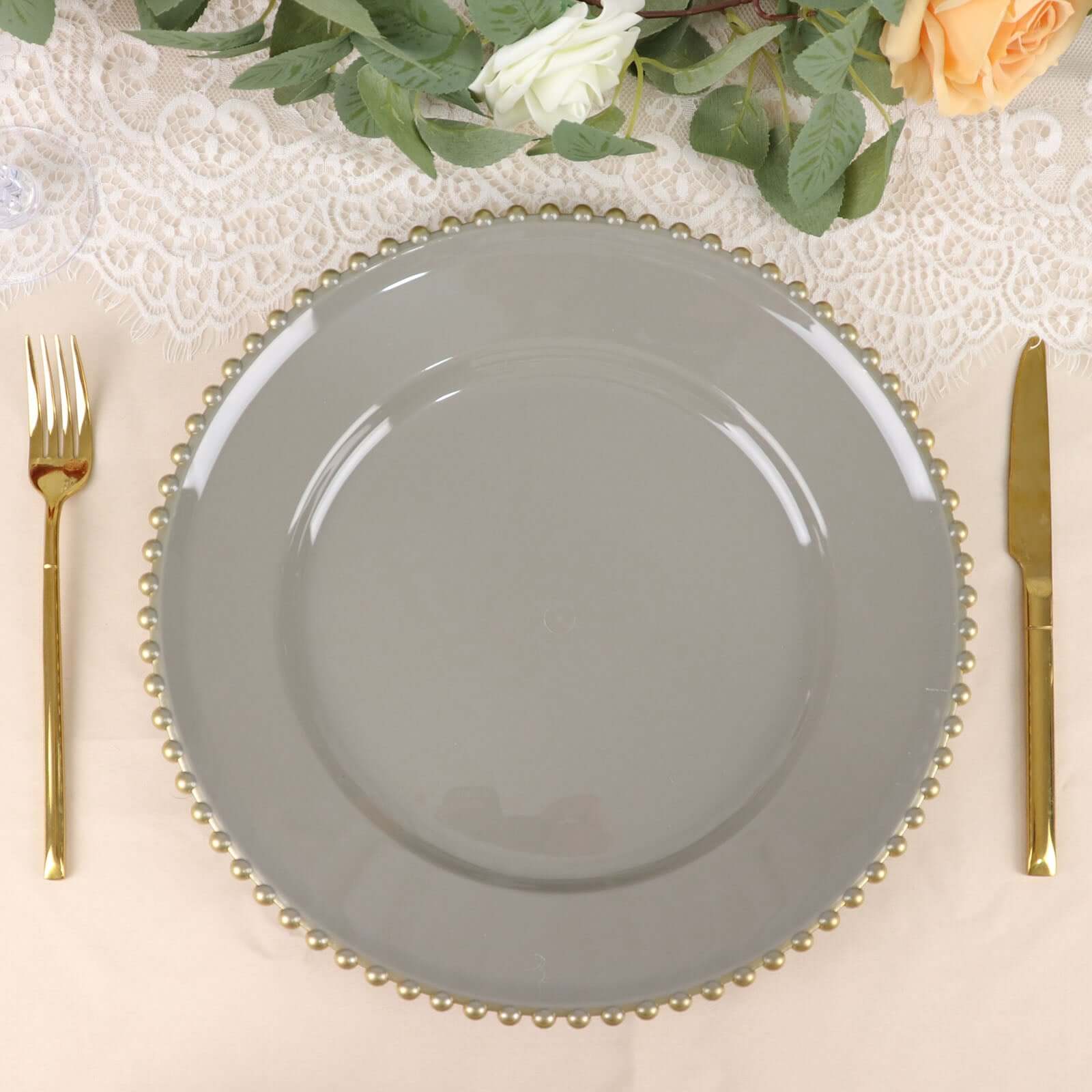 6-Pack Acrylic Charger Plates 13" Round Charcoal Gray with Gold Beaded Rim - Decorative Dinner Party Charger Tableware - Image 9