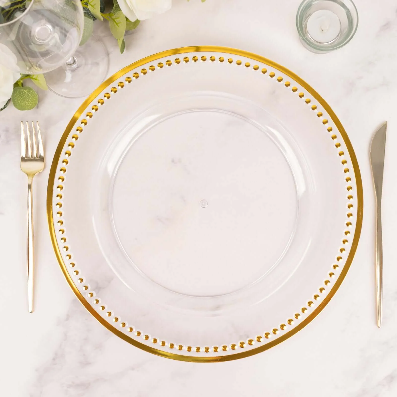 6-Pack Acrylic Charger Plates 13" Round Clear With Gold Beaded Rim - Dinner Charger Tabletop Decor