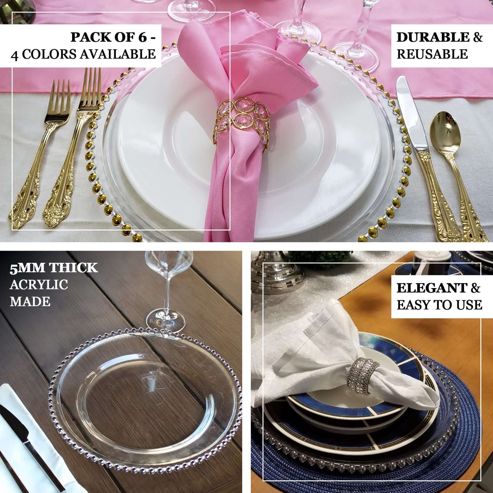 6-Pack Acrylic Charger Plates 13" Round White with Gold Beaded Rim - Decorative Dinner Party Charger Tableware - Image 3
