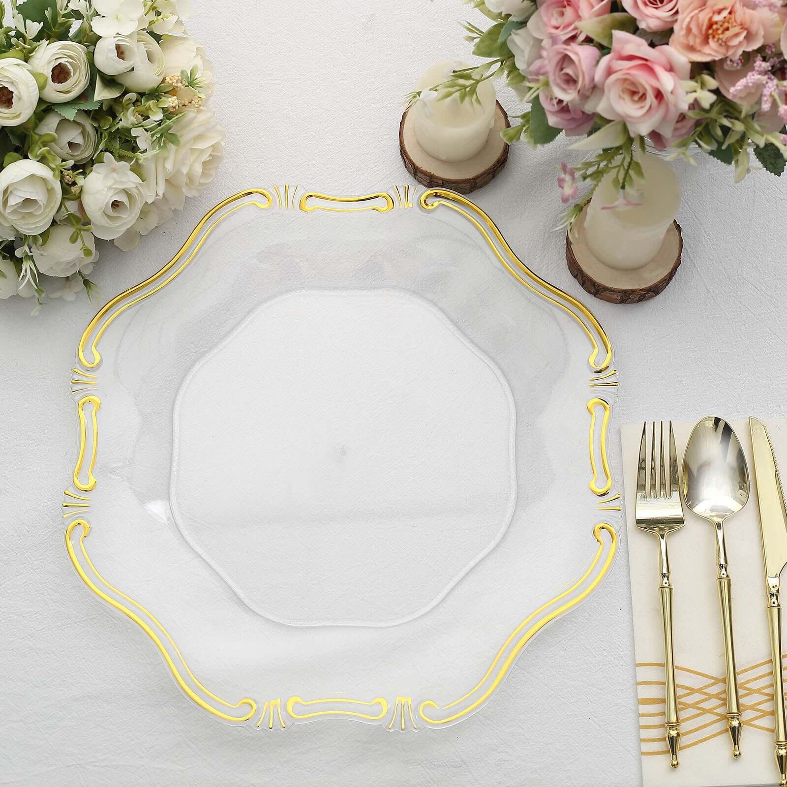 6-Pack Acrylic Plastic Charger Plates 13" Hexagon Clear Gold Baroque Scalloped Rim - Exquisite Dinner Serving Plates - Image 8