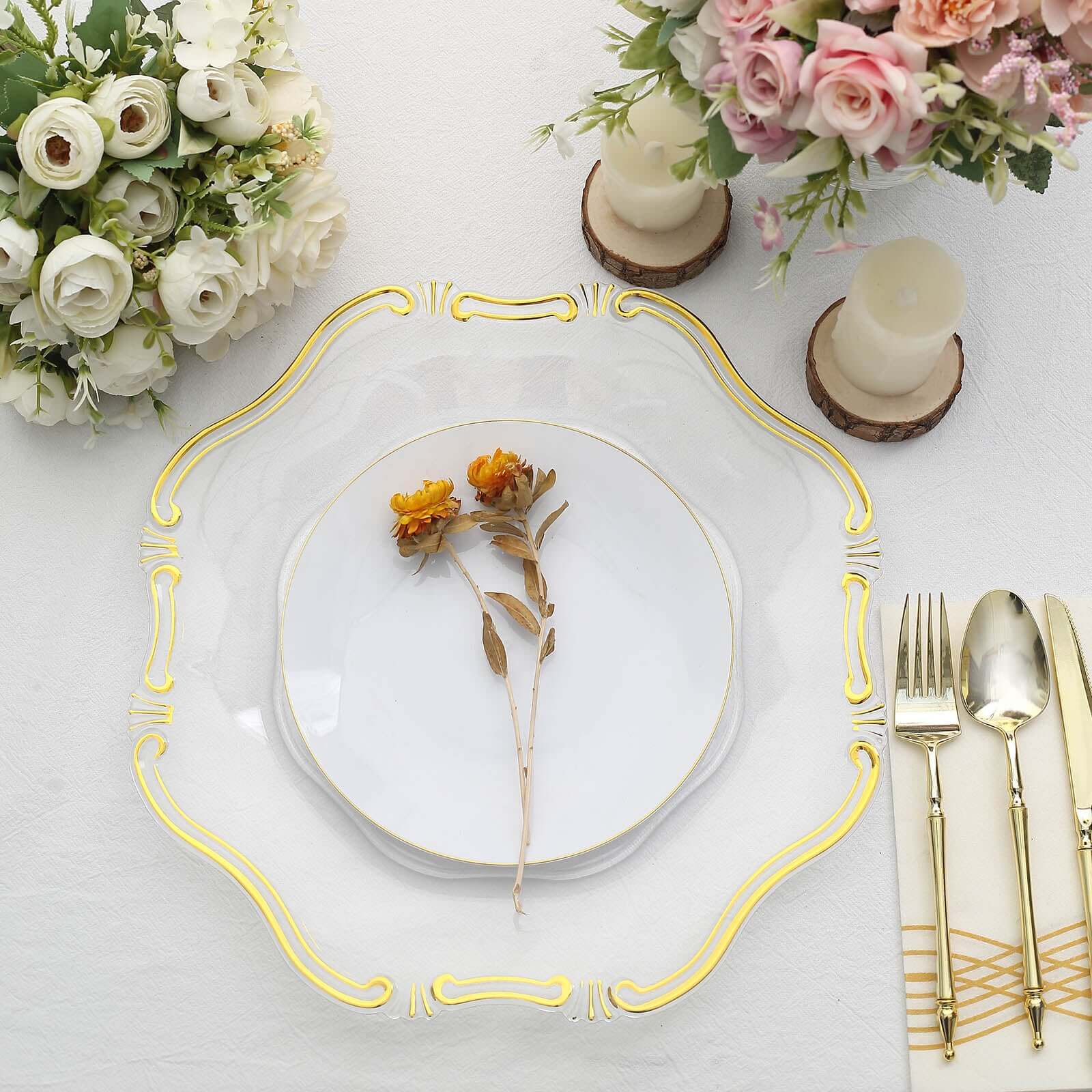 6-Pack Acrylic Plastic Charger Plates 13" Hexagon Clear Gold Baroque Scalloped Rim - Exquisite Dinner Serving Plates - Image 9