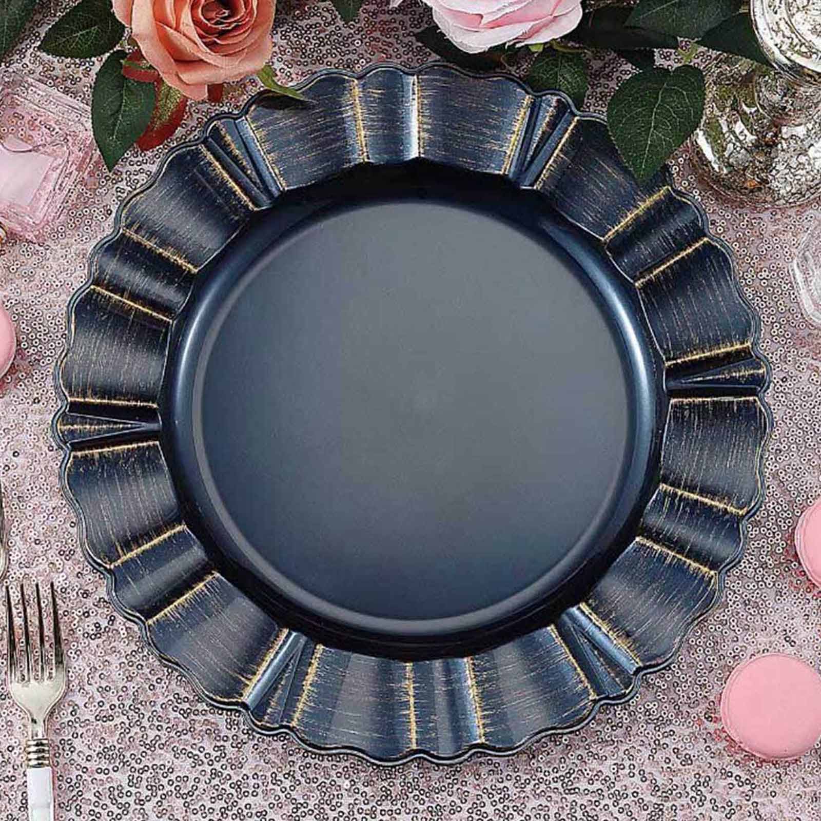 6-Pack Acrylic Plastic Charger Plates 13" Round Navy Blue with Gold Brushed Wavy Scalloped Rim - Dinner Charger Tableware