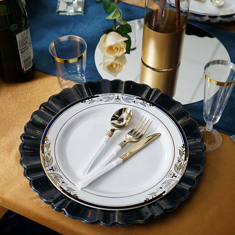 6-Pack Acrylic Plastic Charger Plates 13" Round Navy Blue with Gold Brushed Wavy Scalloped Rim - Dinner Charger Tableware - Image 2