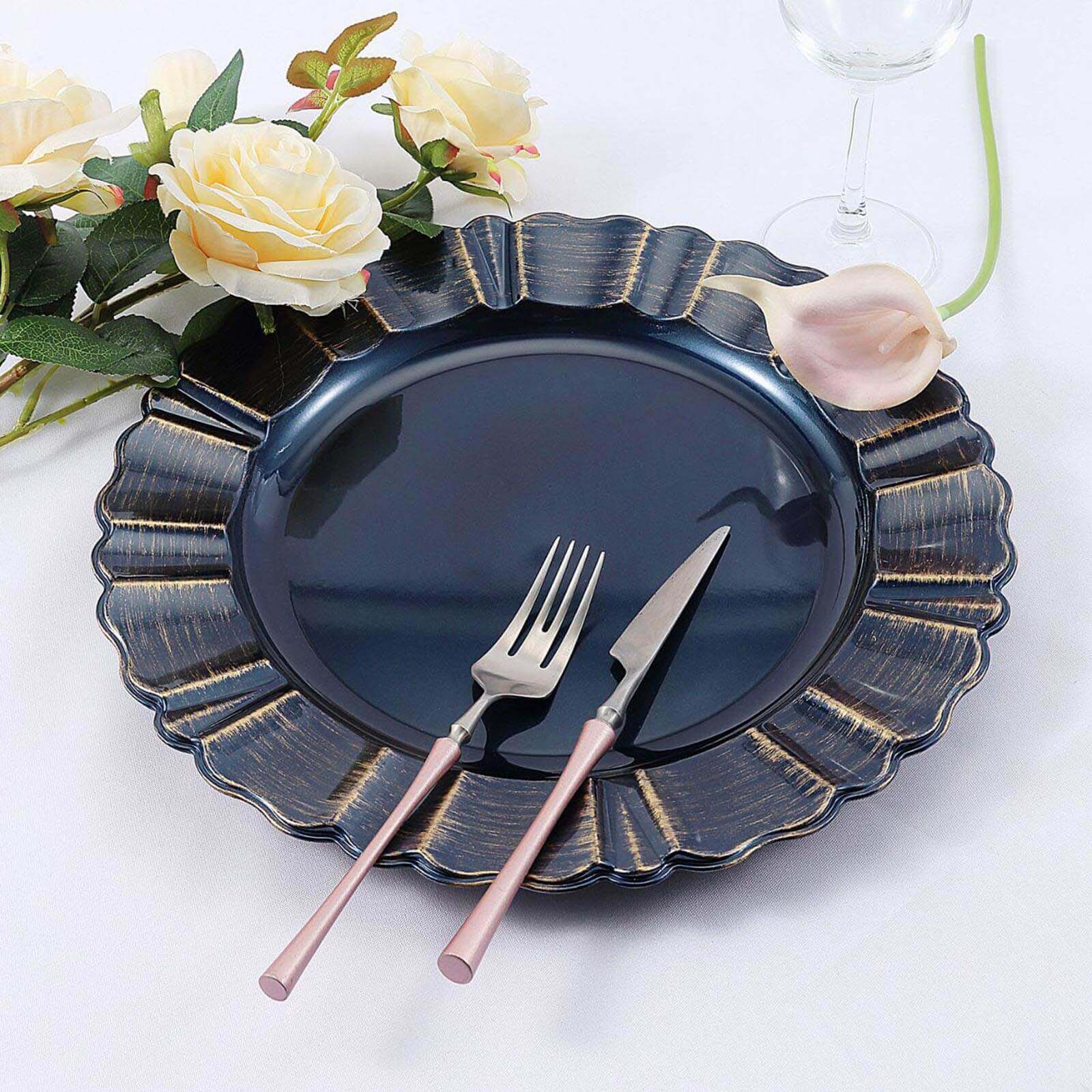6-Pack Acrylic Plastic Charger Plates 13" Round Navy Blue with Gold Brushed Wavy Scalloped Rim - Dinner Charger Tableware - Image 6