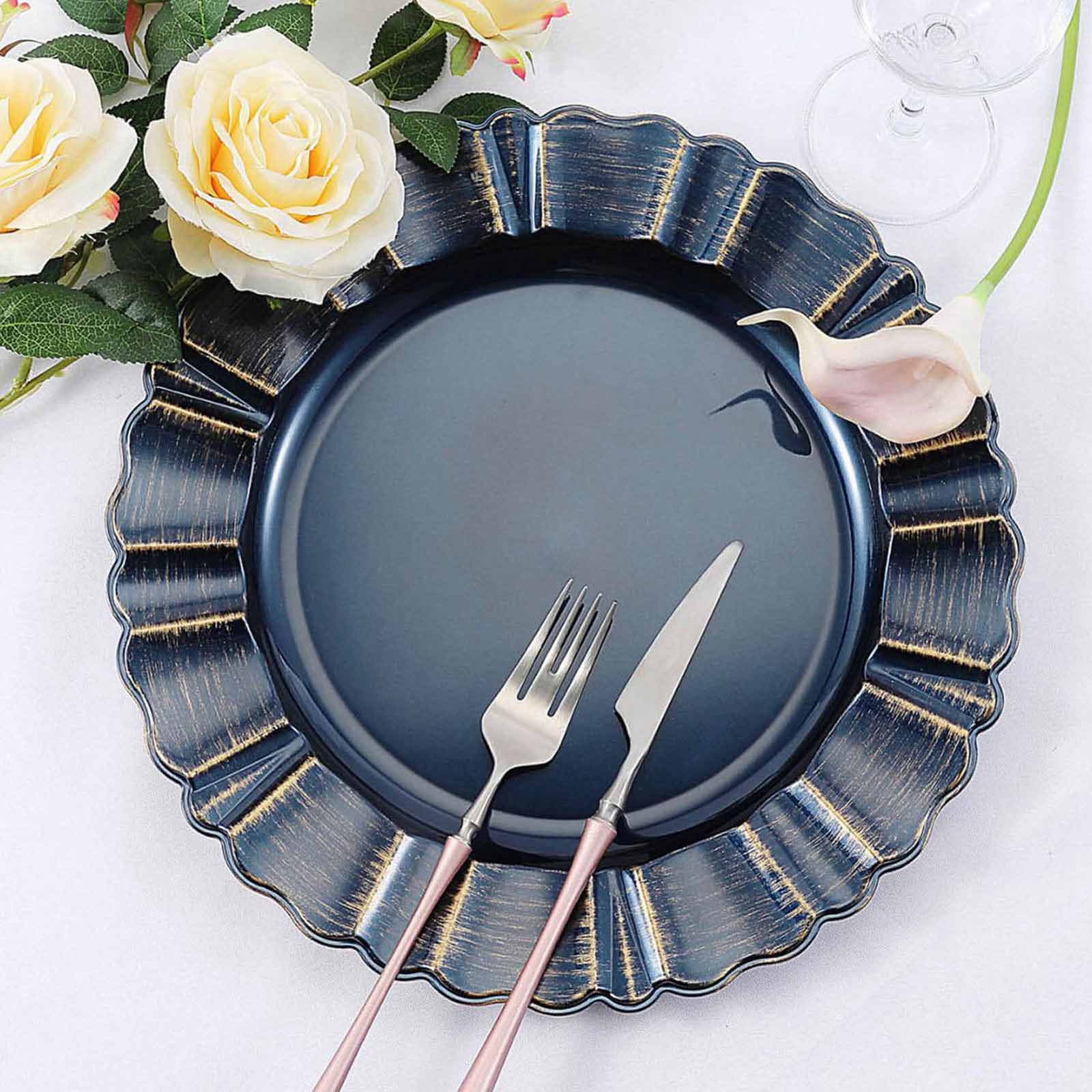 6-Pack Acrylic Plastic Charger Plates 13" Round Navy Blue with Gold Brushed Wavy Scalloped Rim - Dinner Charger Tableware - Image 8