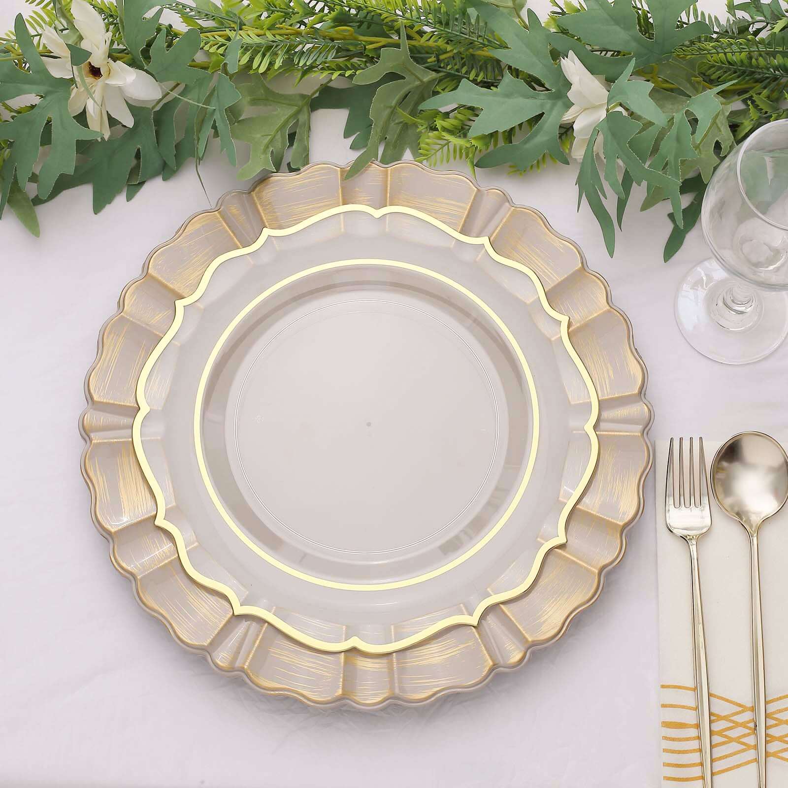 6-Pack Acrylic Plastic Charger Plates 13" Round Nude Taupe with Gold Brushed Wavy Scalloped Rim - Dinner Charger Tableware - Image 2