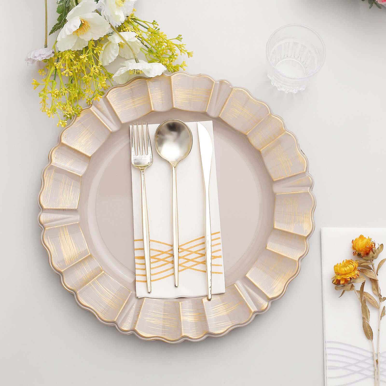 6-Pack Acrylic Plastic Charger Plates 13" Round Nude Taupe with Gold Brushed Wavy Scalloped Rim - Dinner Charger Tableware - Image 6
