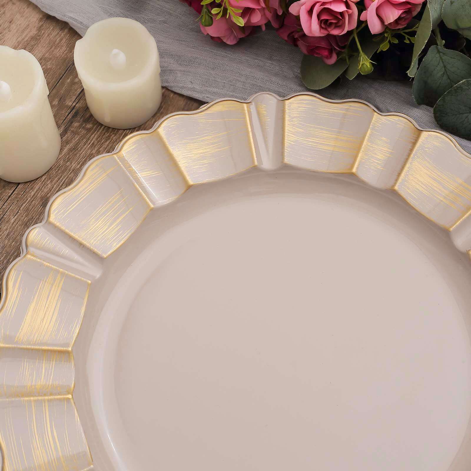 6-Pack Acrylic Plastic Charger Plates 13" Round Nude Taupe with Gold Brushed Wavy Scalloped Rim - Dinner Charger Tableware - Image 7