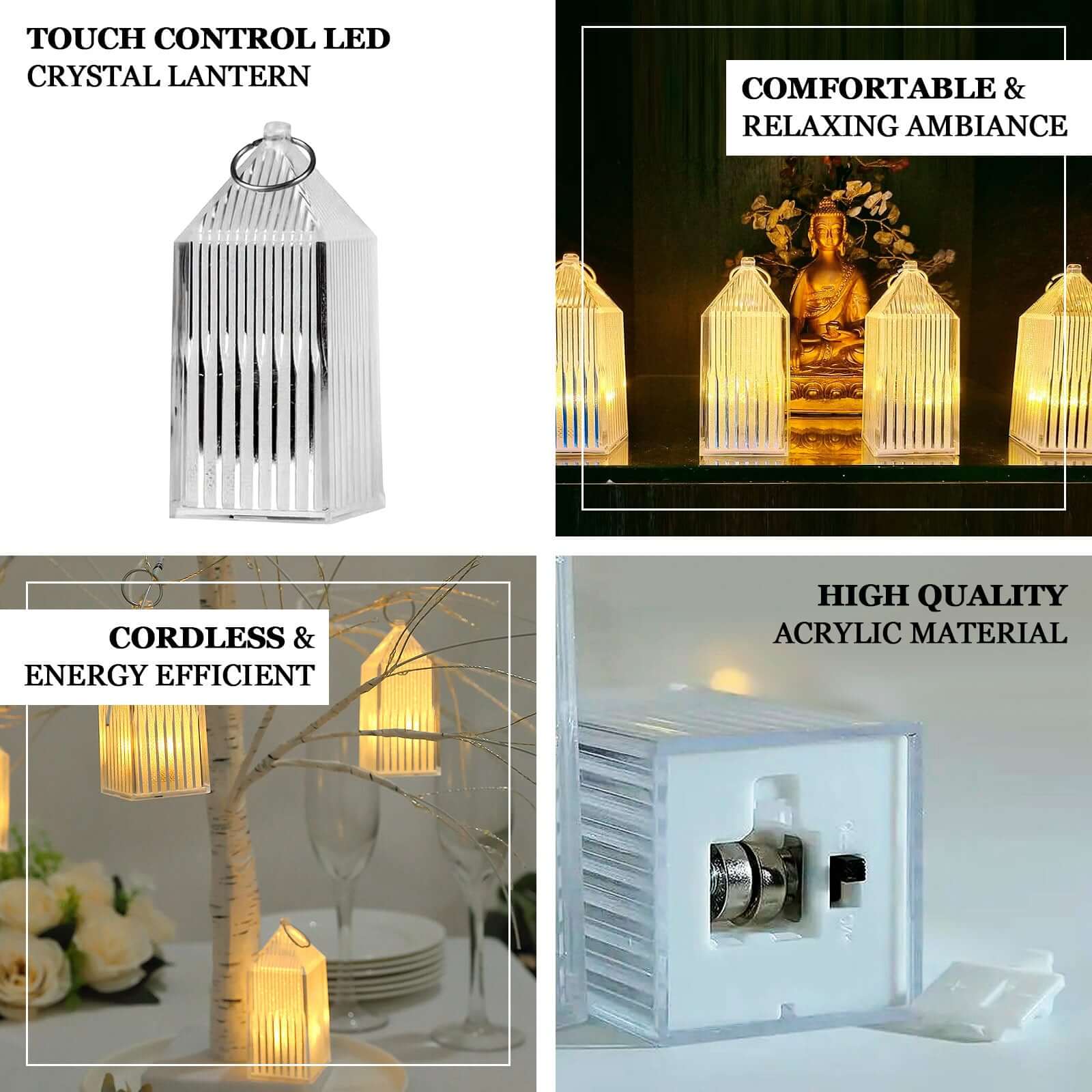 6-Pack Clear Acrylic LED Hanging Lanterns 3.5" Warm White Design - Battery Operated Dimmable Decorative Centerpiece - Image 4