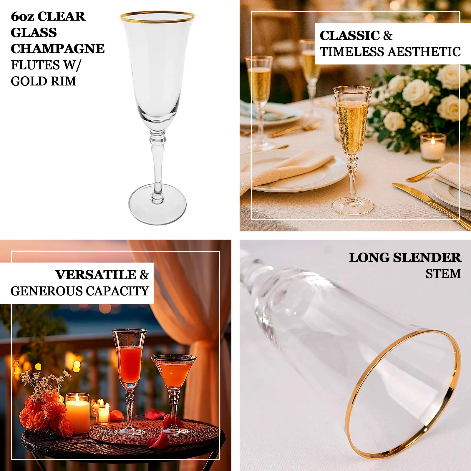 6-Pack Clear Champagne Flute Glasses 6oz Gold Rimmed Design with Long Beaded Stem 8.5" - Crystal Glasses for Toasting & Cocktails - Image 3