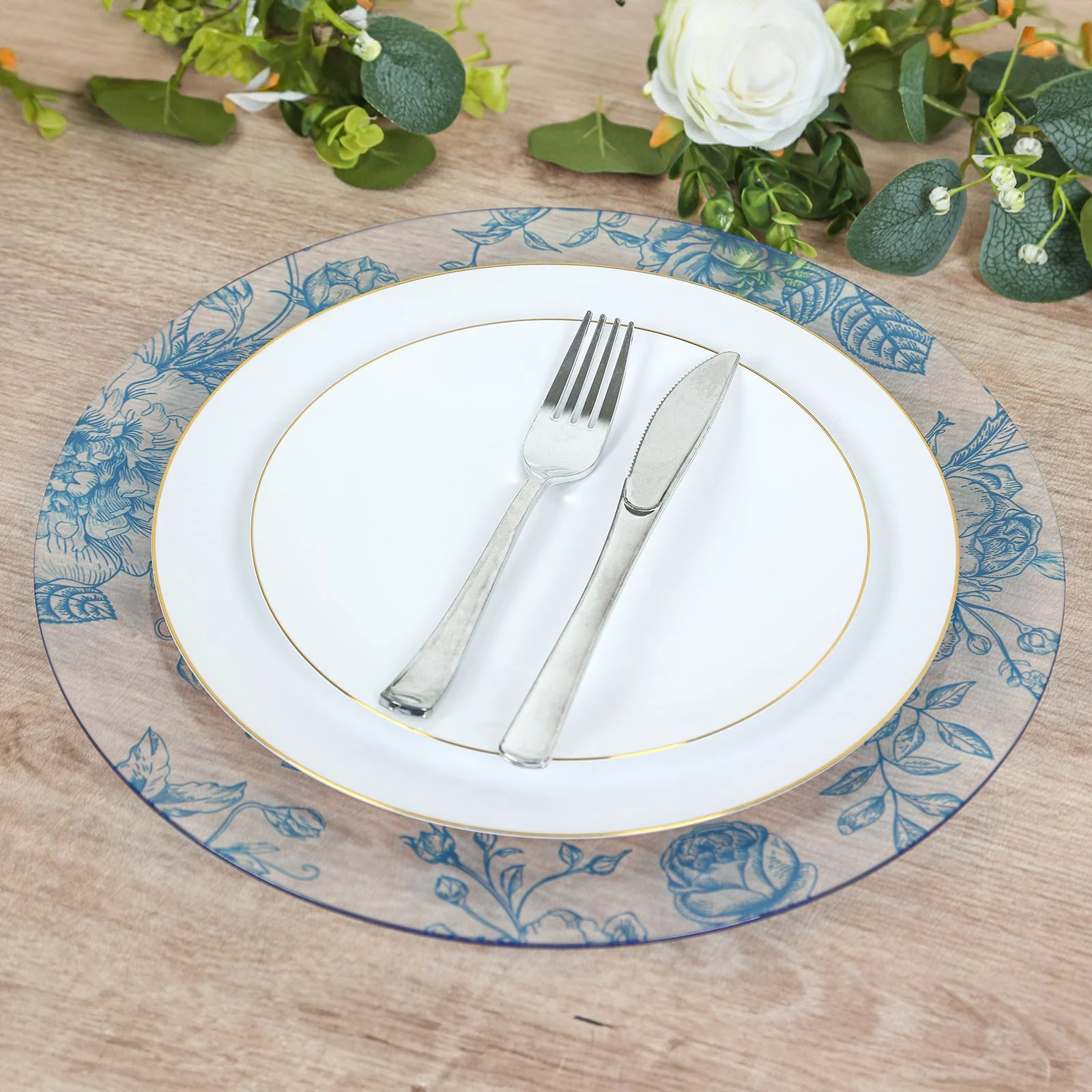 6 Pack Floral Acrylic Charger Plates in French Toile Pattern, Clear Light Blue Round Dinner Charger Event Tabletop Decor - 13" - Image 6