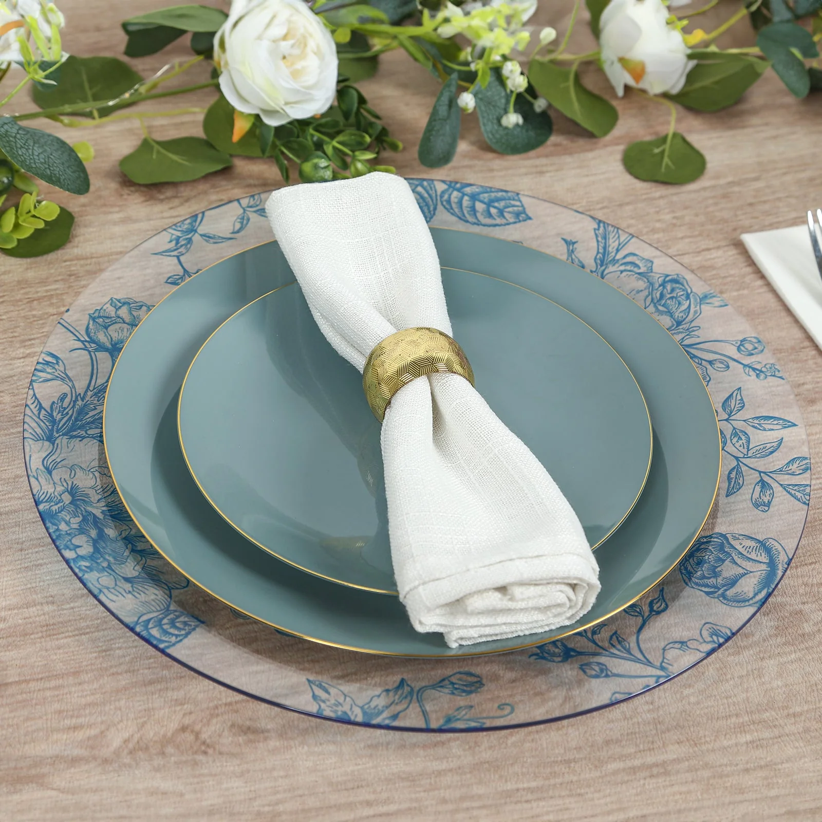 6 Pack Floral Acrylic Charger Plates in French Toile Pattern, Clear Light Blue Round Dinner Charger Event Tabletop Decor - 13" - Image 7