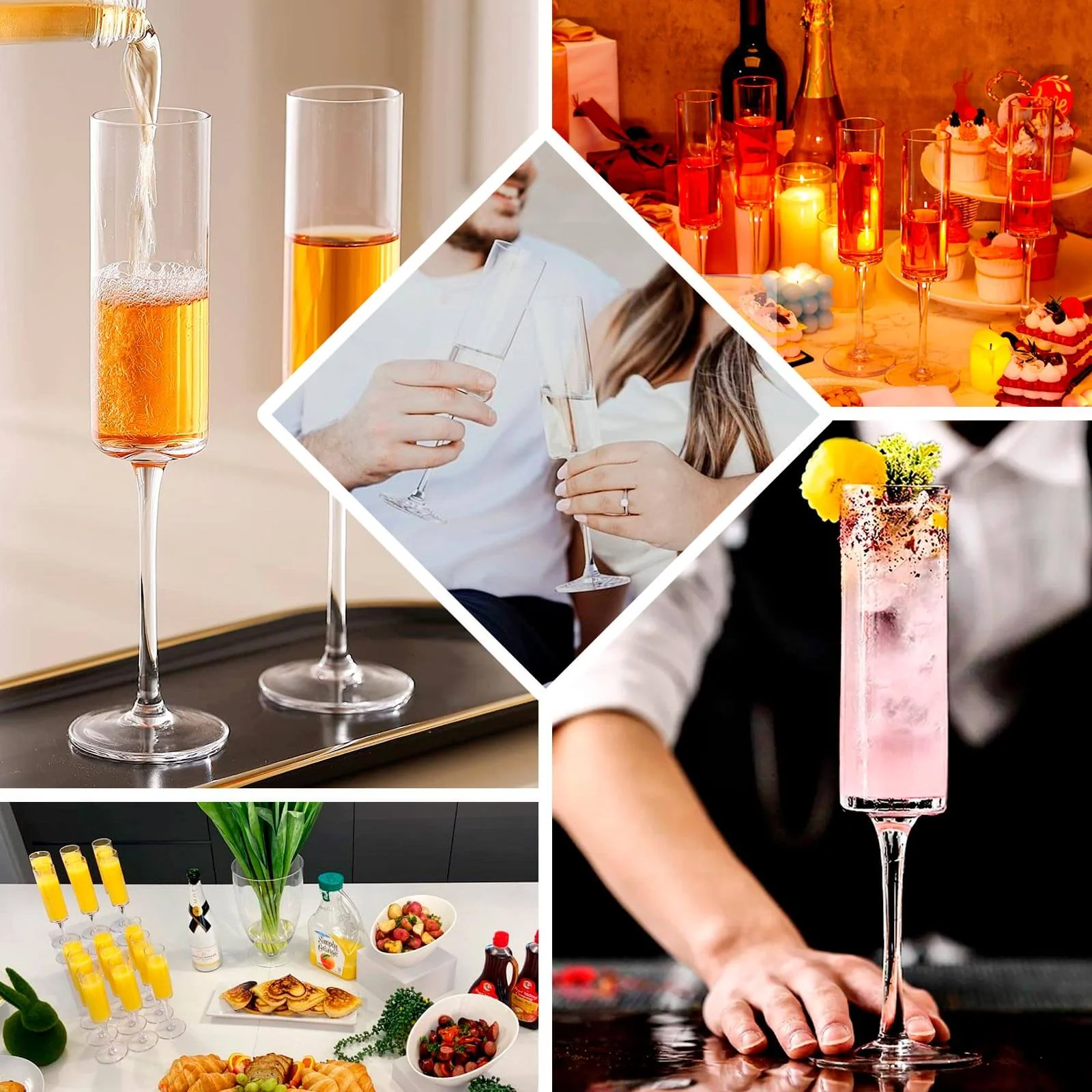 6-Pack Clear Plastic Champagne Flute Glasses 6oz, Cylindrical Shape with Long Stems - Reusable Wine Mimosa Goblets 9.5" Tall - Image 4