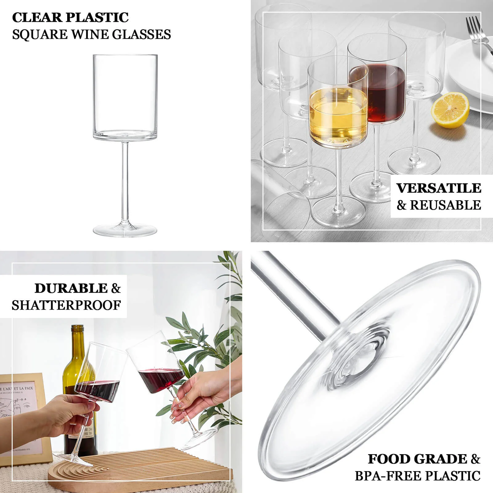 6-Pack Clear Plastic Cylindrical Wine Glasses 10oz, Long Stem - Shatterproof Reusable Cocktail Glasses - Image 4