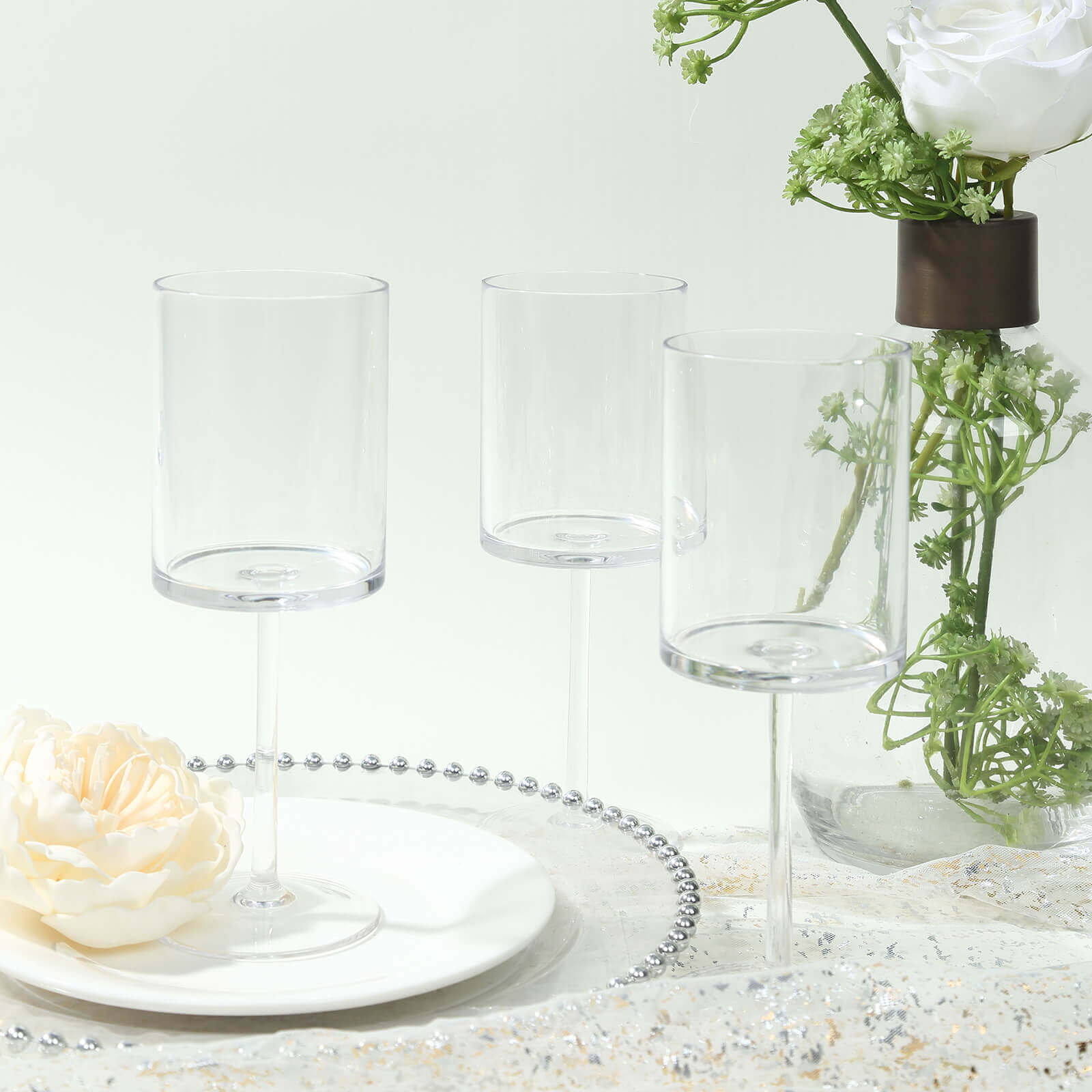 6-Pack Clear Plastic Cylindrical Wine Glasses 10oz, Long Stem - Shatterproof Reusable Cocktail Glasses - Image 6