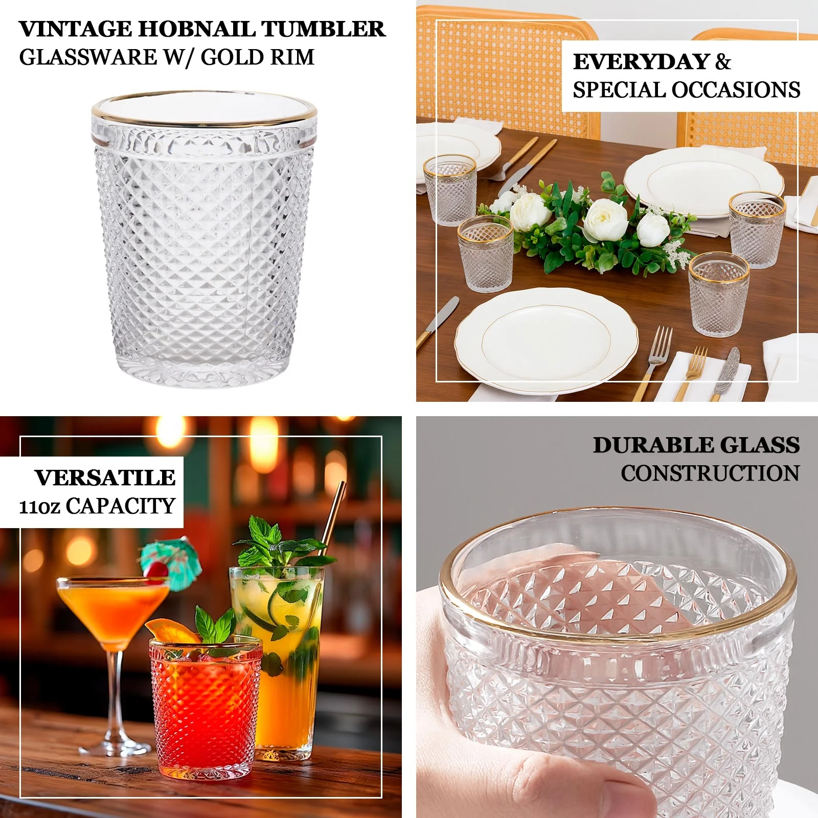 6-Pack Clear Tumbler Glasses 11oz Hobnail Design with Gold Rim 4" - Vintage Glassware for Whiskey, Water & Cocktails - Image 4