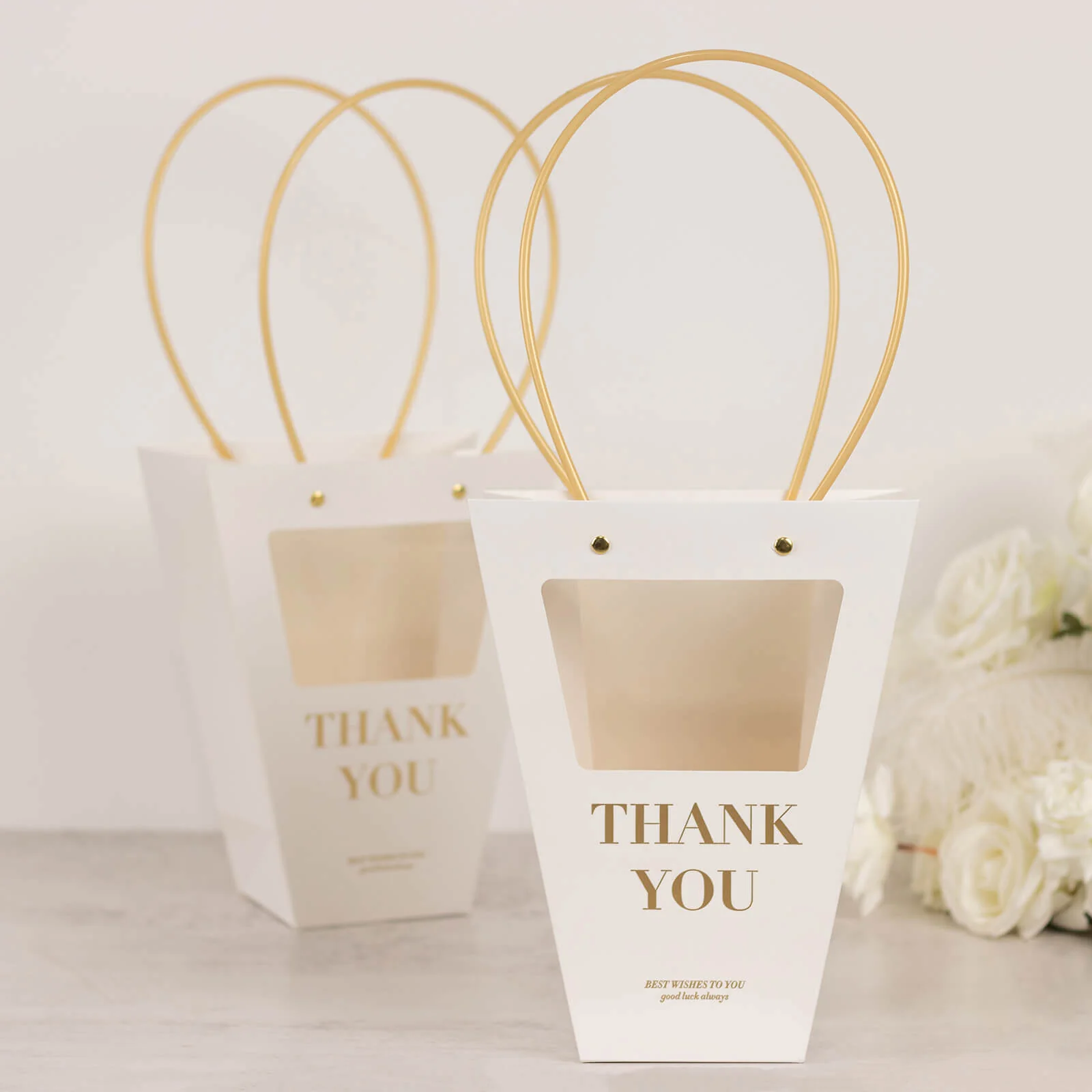 6 Pack Clear Window White Paper Flower Gift Bags With Handles, Transparent Thank You Party Favor Tote Bags in Trapezium Shape - 8"x10" - Image 11