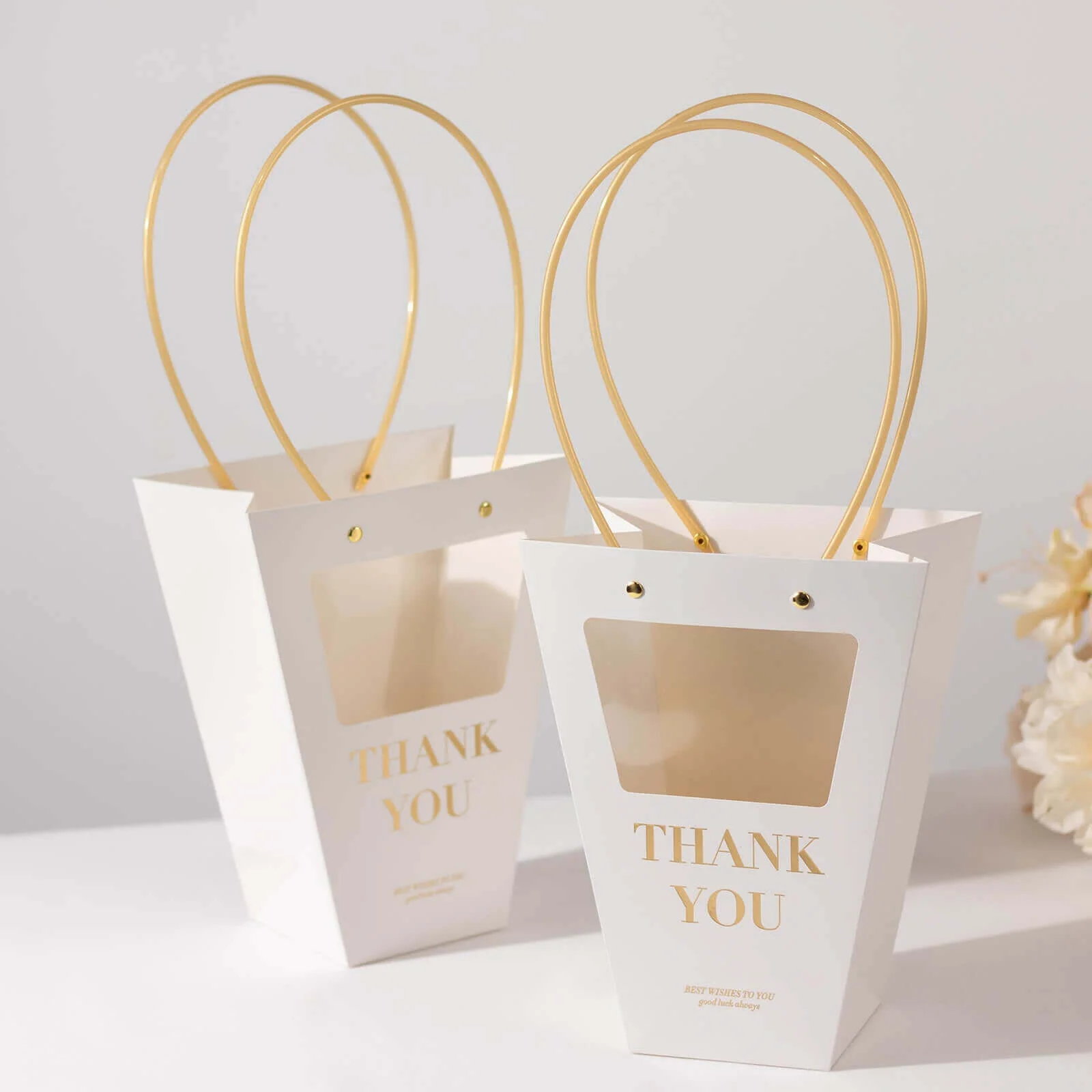 6 Pack Clear Window White Paper Flower Gift Bags With Handles, Transparent Thank You Party Favor Tote Bags in Trapezium Shape - 8"x10" - Image 3