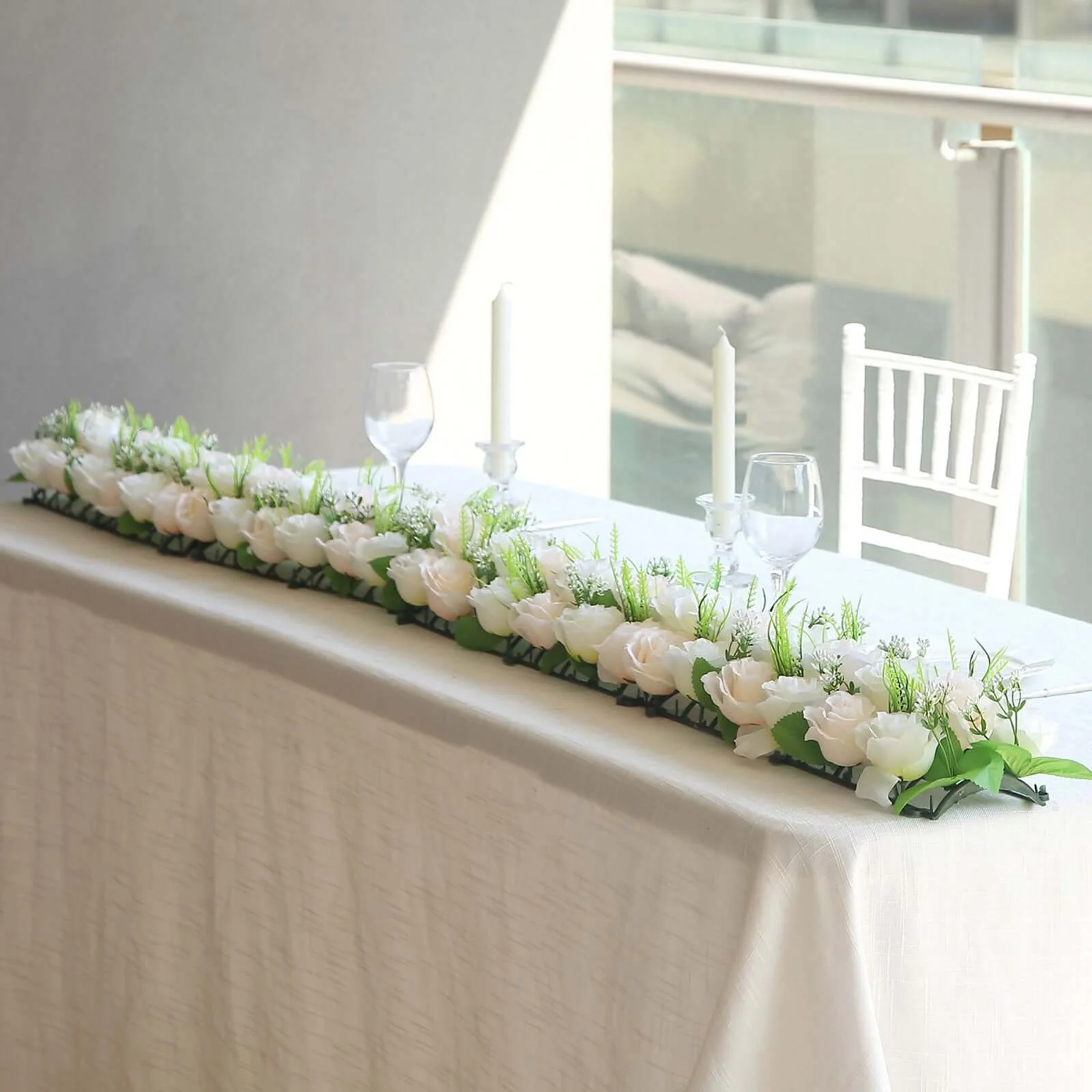 6 Pack Cream Ivory Silk Rose Flower Panel Table Runner, Artificial Floral Arrangements Dining Table Decor - 20"x8" - Image 2