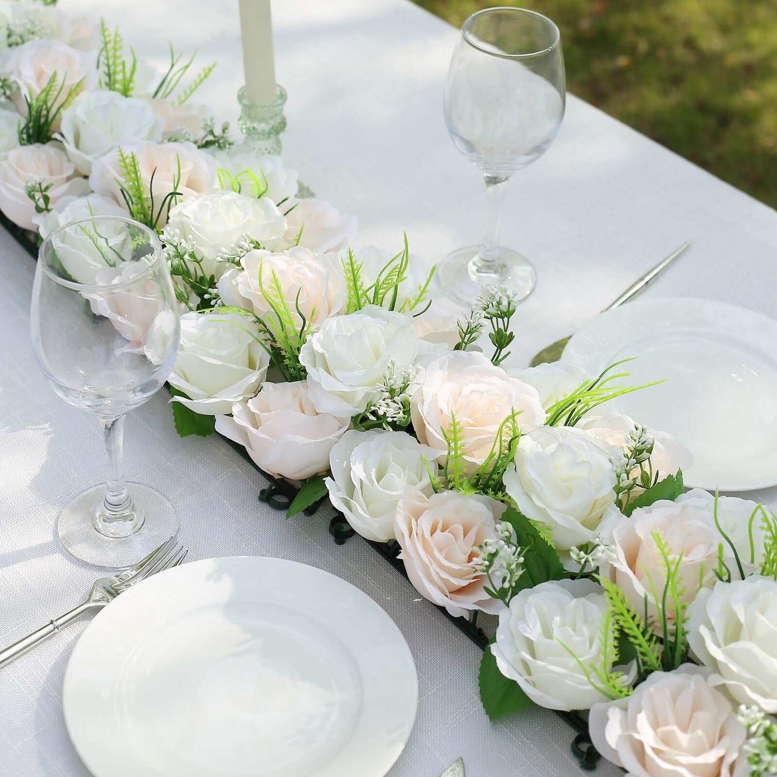 6 Pack Cream Ivory Silk Rose Flower Panel Table Runner, Artificial Floral Arrangements Dining Table Decor - 20"x8" - Image 6