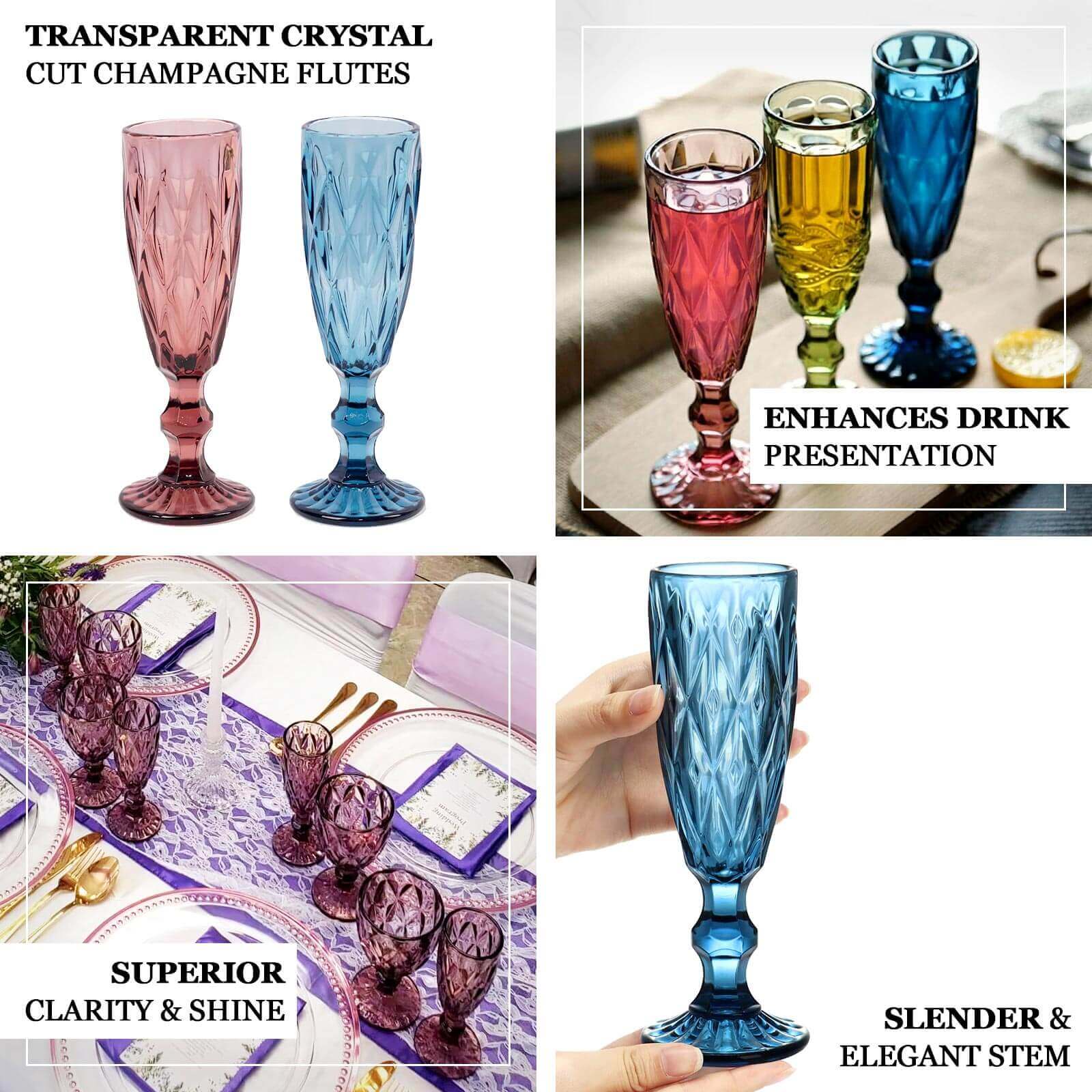 6-Pack Crystal Cut Champagne Flute Glasses 6oz Textured Design Clear 8" - Wine Goblets for Toasts & Celebrations - Image 3