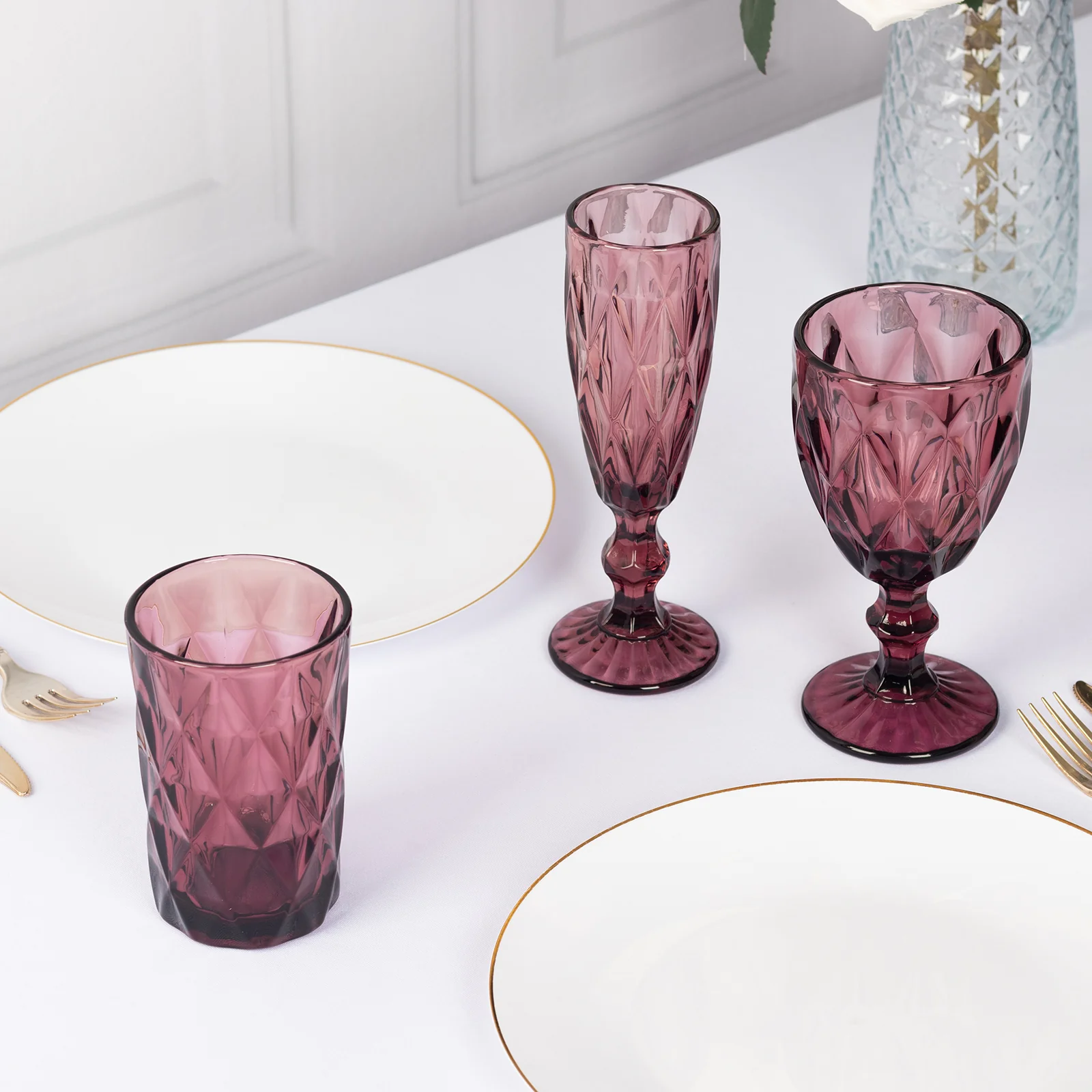 6-Pack Crystal Cut Whiskey Glasses 12oz Textured Design with Heavy Base Dusty Rose 5" - Highball Tumblers for Cocktails & Drinks - Image 2
