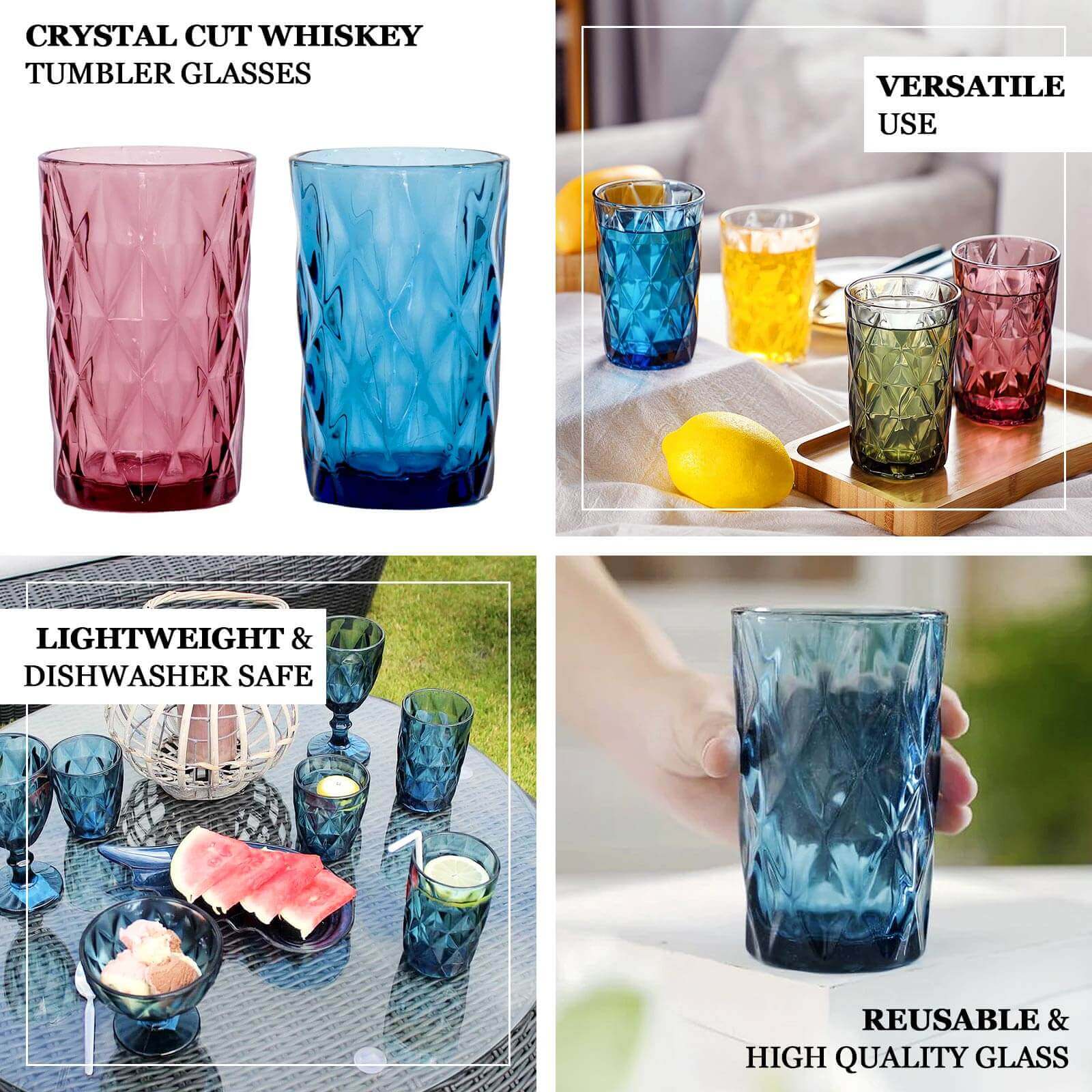 6-Pack Crystal Cut Whiskey Glasses 12oz Textured Design with Heavy Base Transparent Amber Gold 5" - Highball Tumblers for Cocktails & Drinks - Image 3