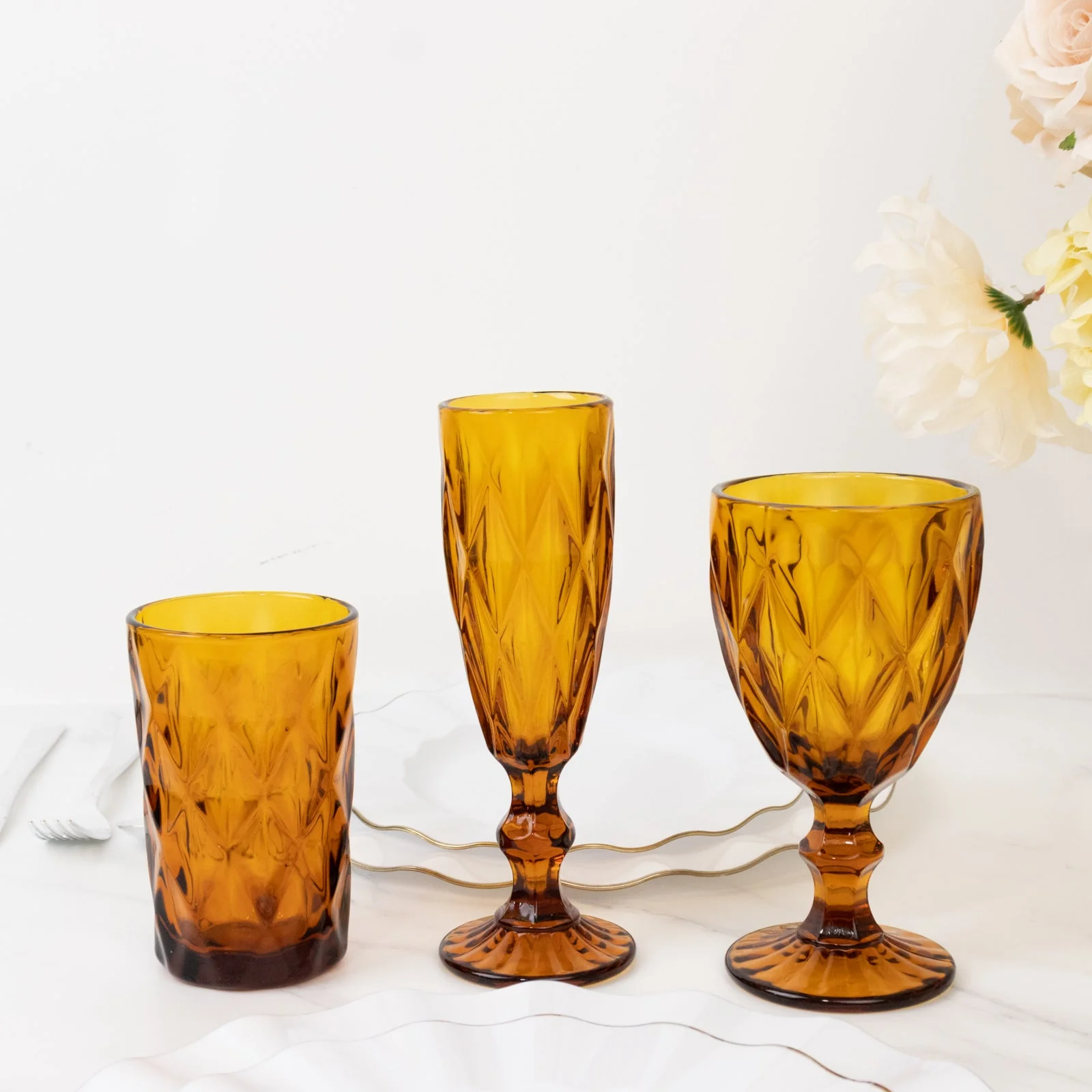 6-Pack Crystal Cut Whiskey Glasses 12oz Textured Design with Heavy Base Transparent Amber Gold 5" - Highball Tumblers for Cocktails & Drinks - Image 7
