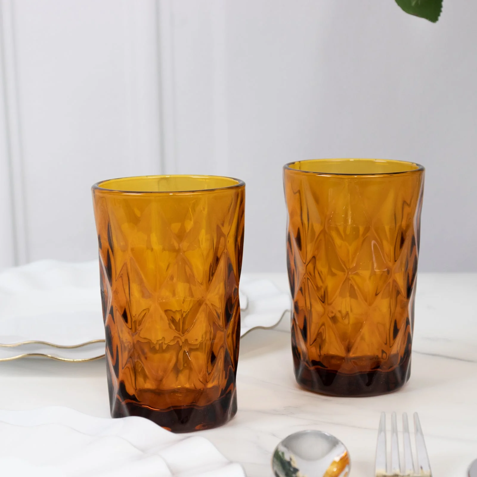 6-Pack Crystal Cut Whiskey Glasses 12oz Textured Design with Heavy Base Transparent Amber Gold 5" - Highball Tumblers for Cocktails & Drinks - Image 8