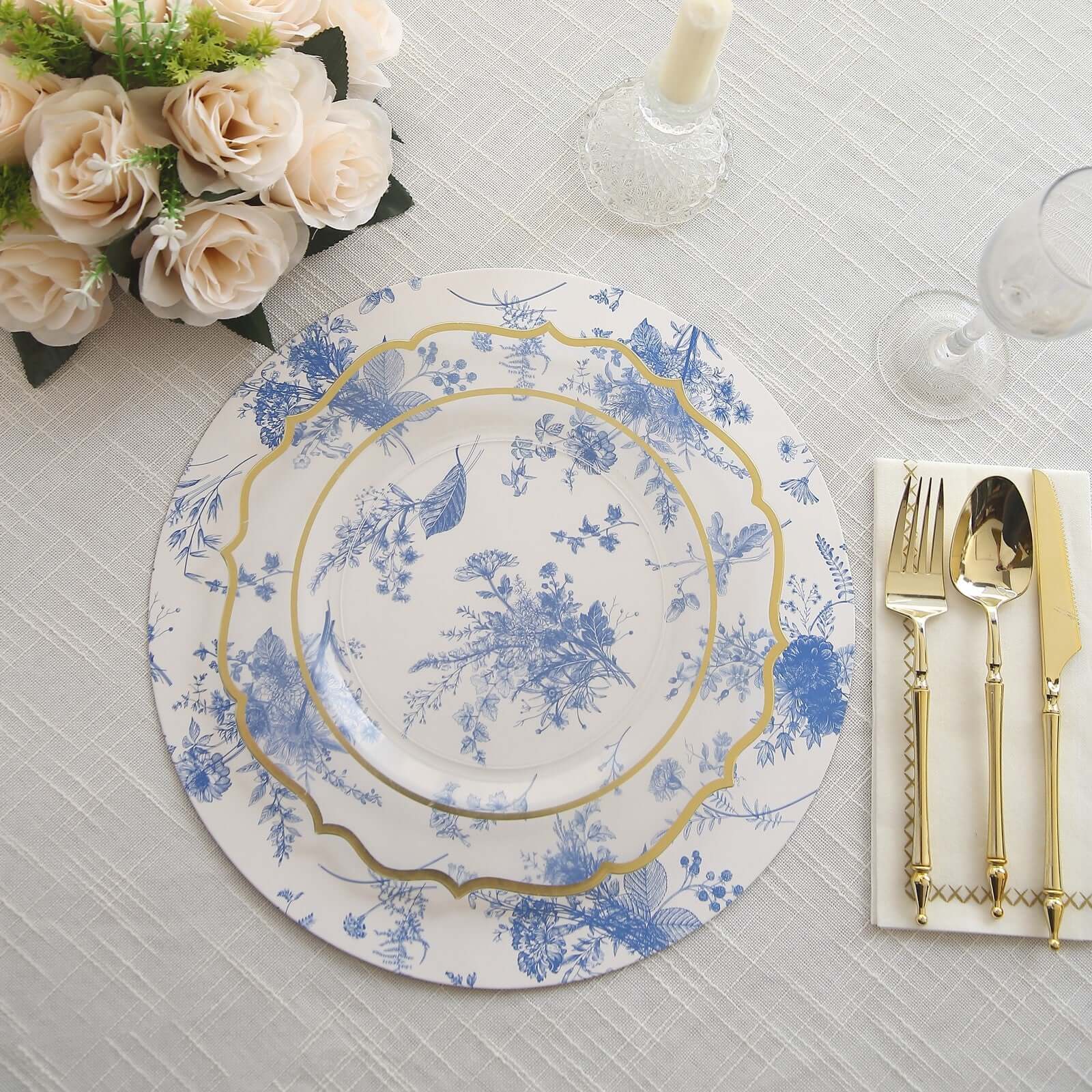 6-Pack Disposable Charger Plates in French Toile Print 13" in White/Blue - 700GSM Floral Paper Chargers for Classy & Convenient Dining - Image 2