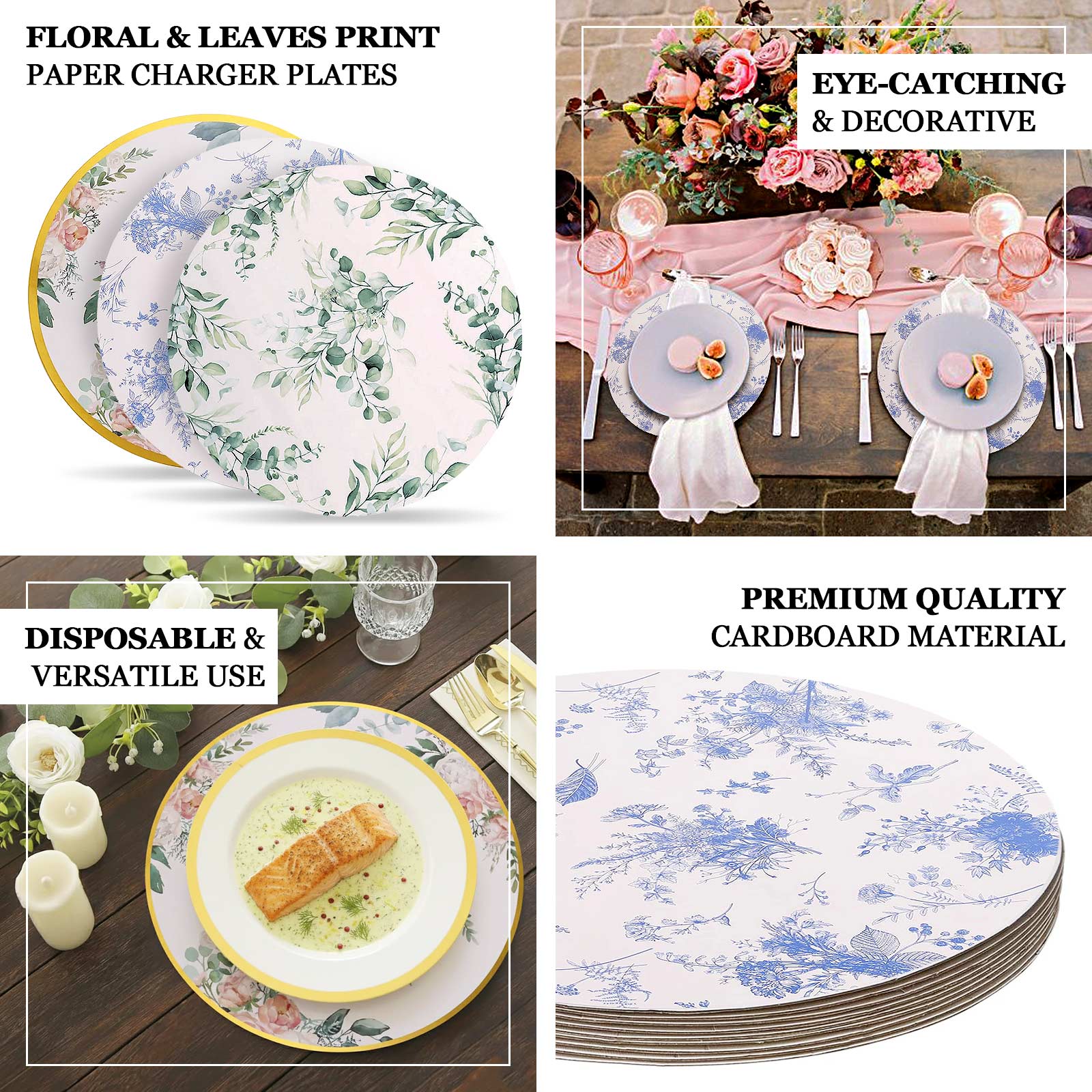 6-Pack Disposable Charger Plates in French Toile Print 13" in White/Blue - 700GSM Floral Paper Chargers for Classy & Convenient Dining - Image 4