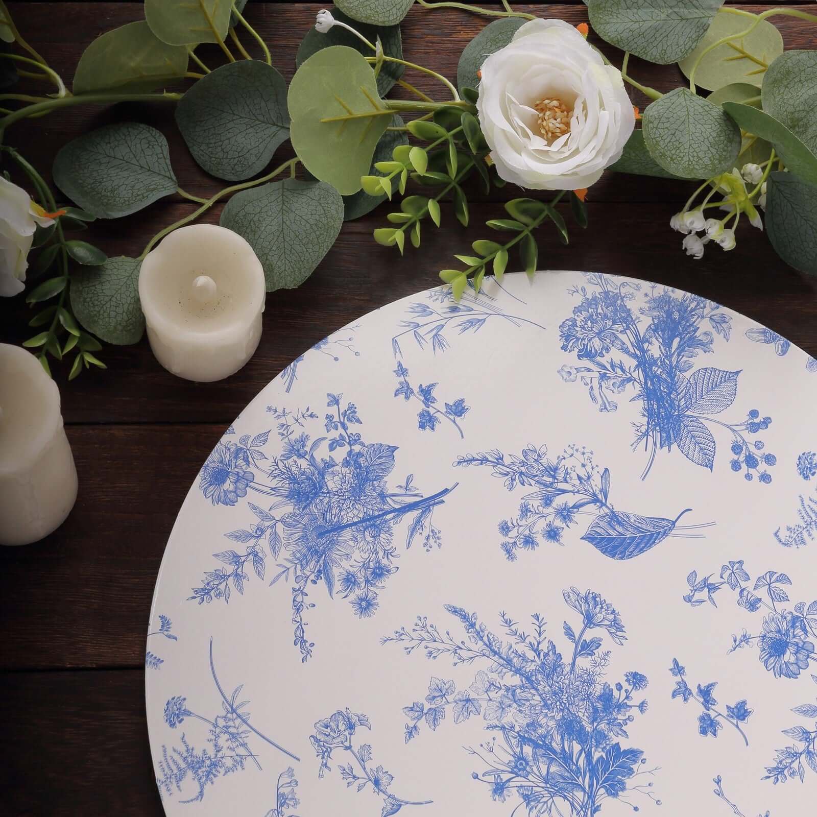 6-Pack Disposable Charger Plates in French Toile Print 13" in White/Blue - 700GSM Floral Paper Chargers for Classy & Convenient Dining - Image 6