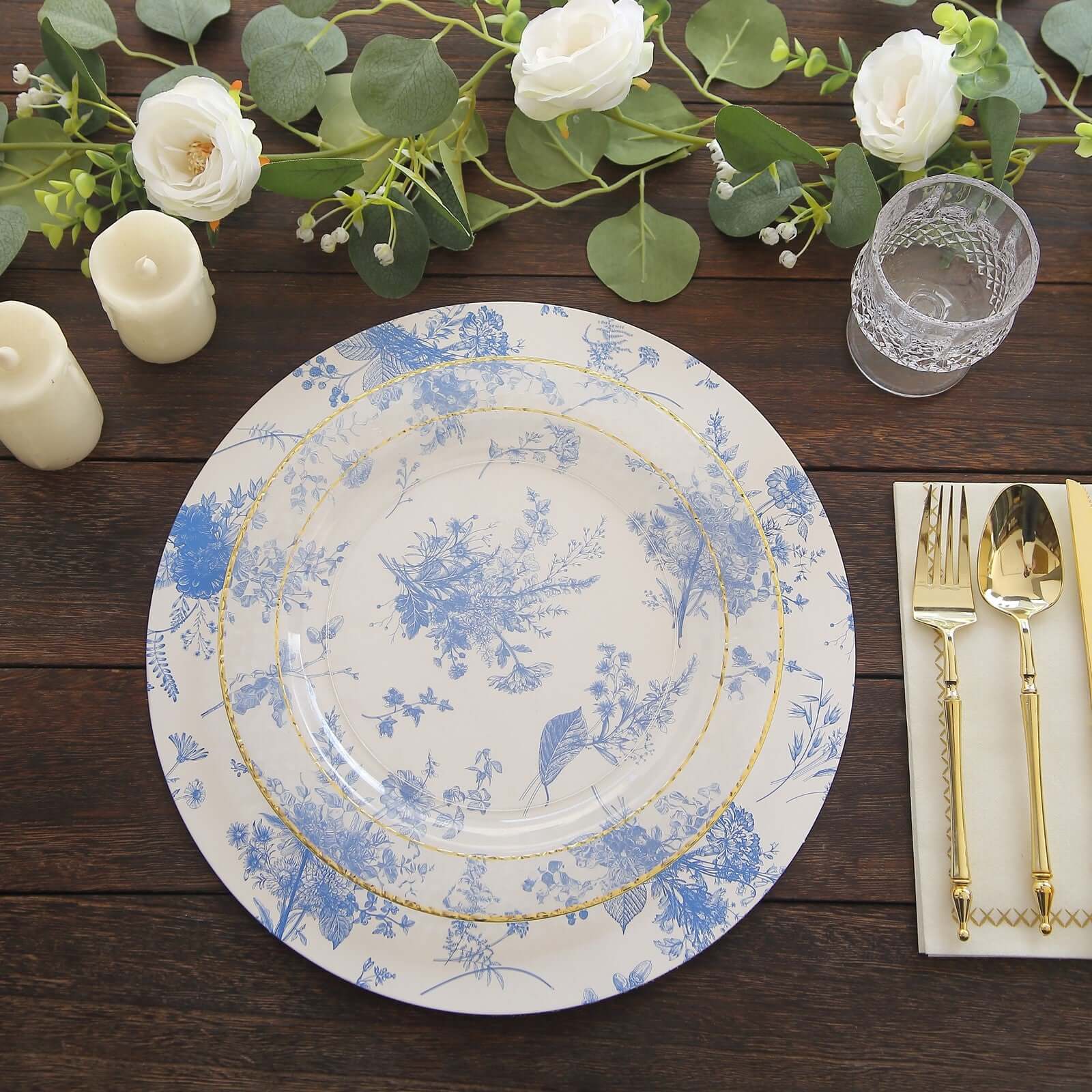 6-Pack Disposable Charger Plates in French Toile Print 13" in White/Blue - 700GSM Floral Paper Chargers for Classy & Convenient Dining - Image 7