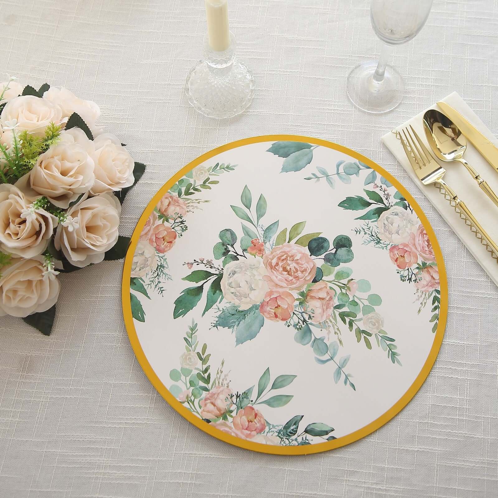 6-Pack Disposable Charger Plates in Floral Print 13" in White/Pink with Gold Rim - 700GSM Floral Paper Chargers for Classy & Convenient Dining
