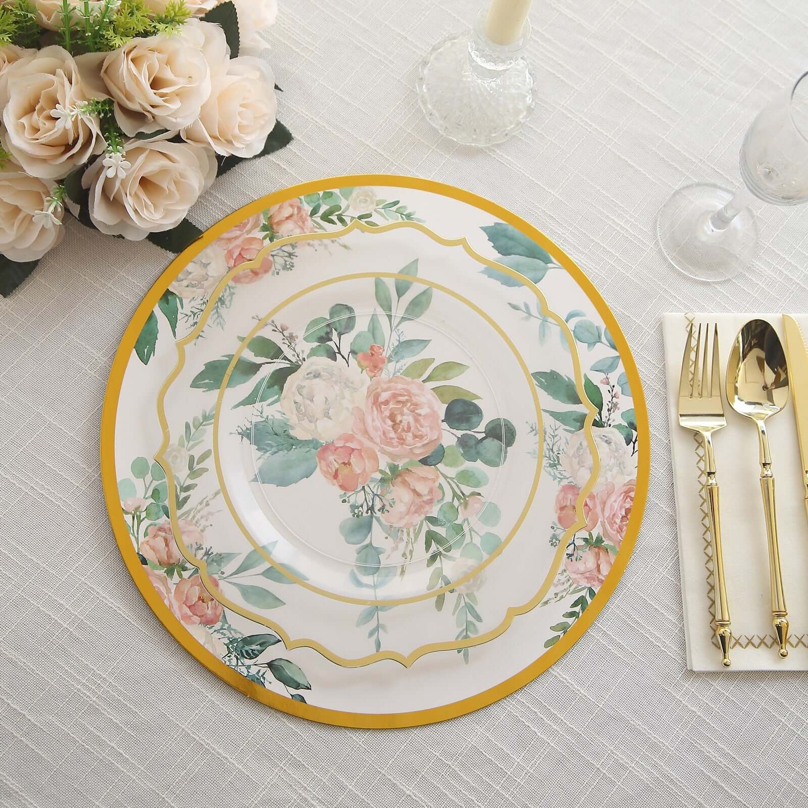 6-Pack Disposable Charger Plates in Floral Print 13" in White/Pink with Gold Rim - 700GSM Floral Paper Chargers for Classy & Convenient Dining - Image 2