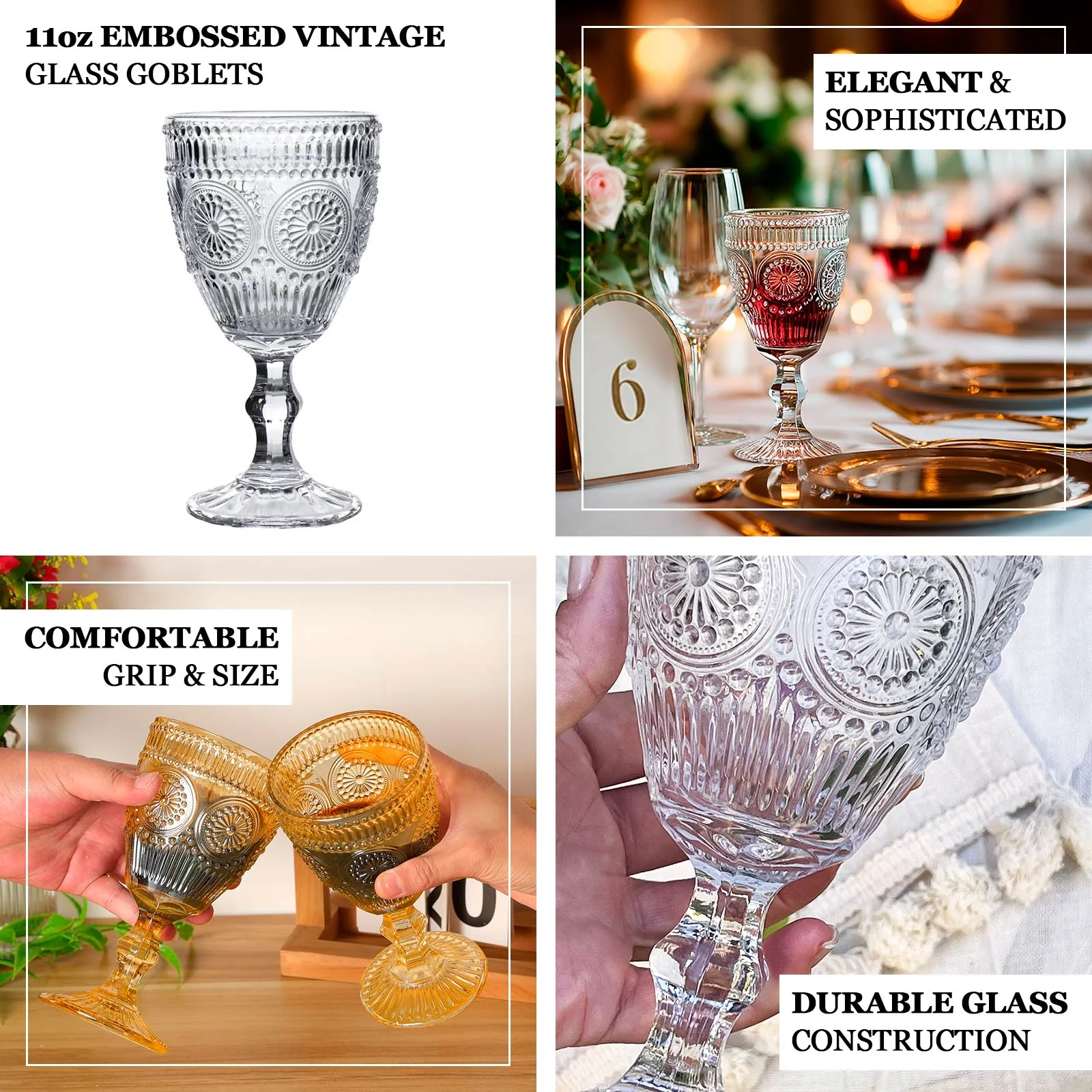 6-Pack Vintage Embossed Glass Goblets 11oz – Clear Floral Pattern Wine & Cocktail Glasses - Image 3