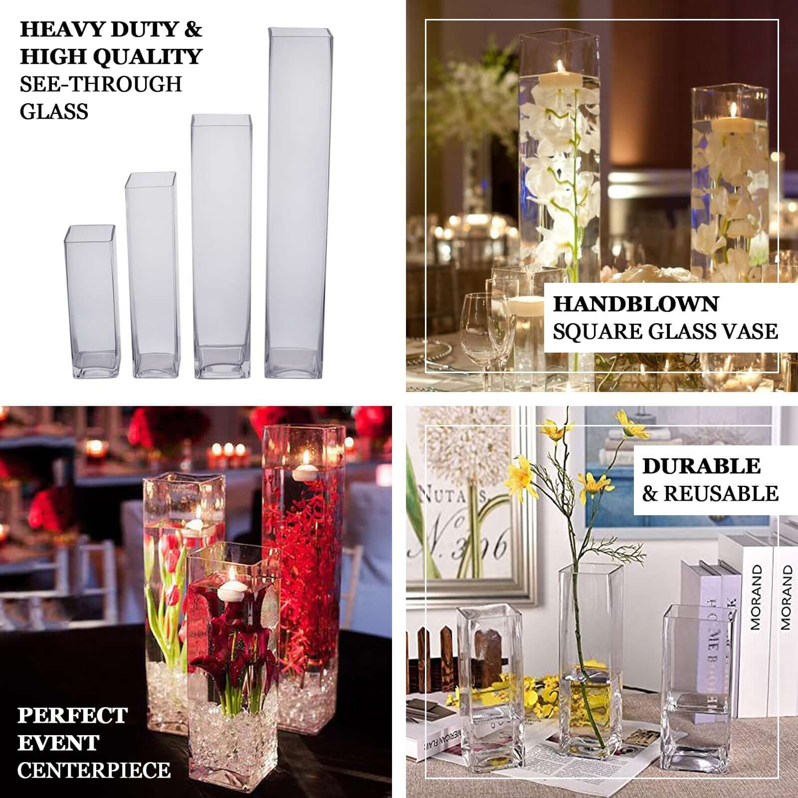 6-Pack Glass Cylinder Vases Square Design 16" Clear - Heavy Duty Flower Centerpieces for Events - Image 4
