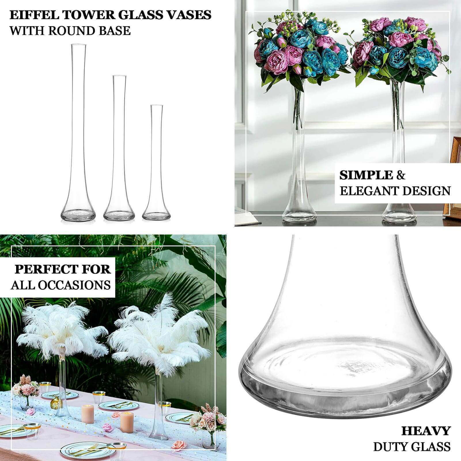 6-Pack Glass Eiffel Tower Vases 24" Clear with Round Base - Heavy Duty Skinny Flower Centerpieces - Image 4