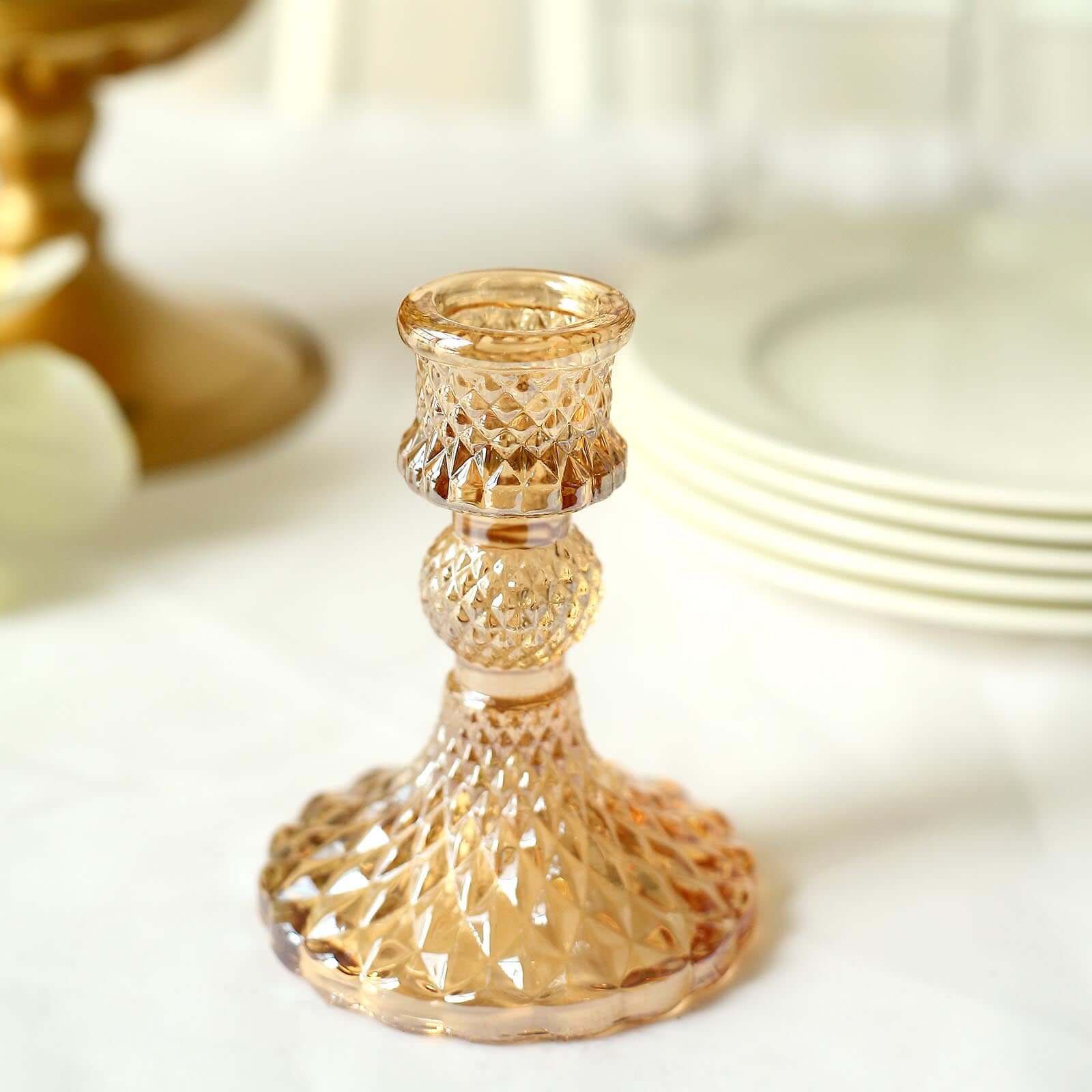 6-Pack Glass Taper Candlestick Holders 4" Diamond Pattern Design Amber Gold - Reversible Crystal Pillar Votive Stands - Image 8