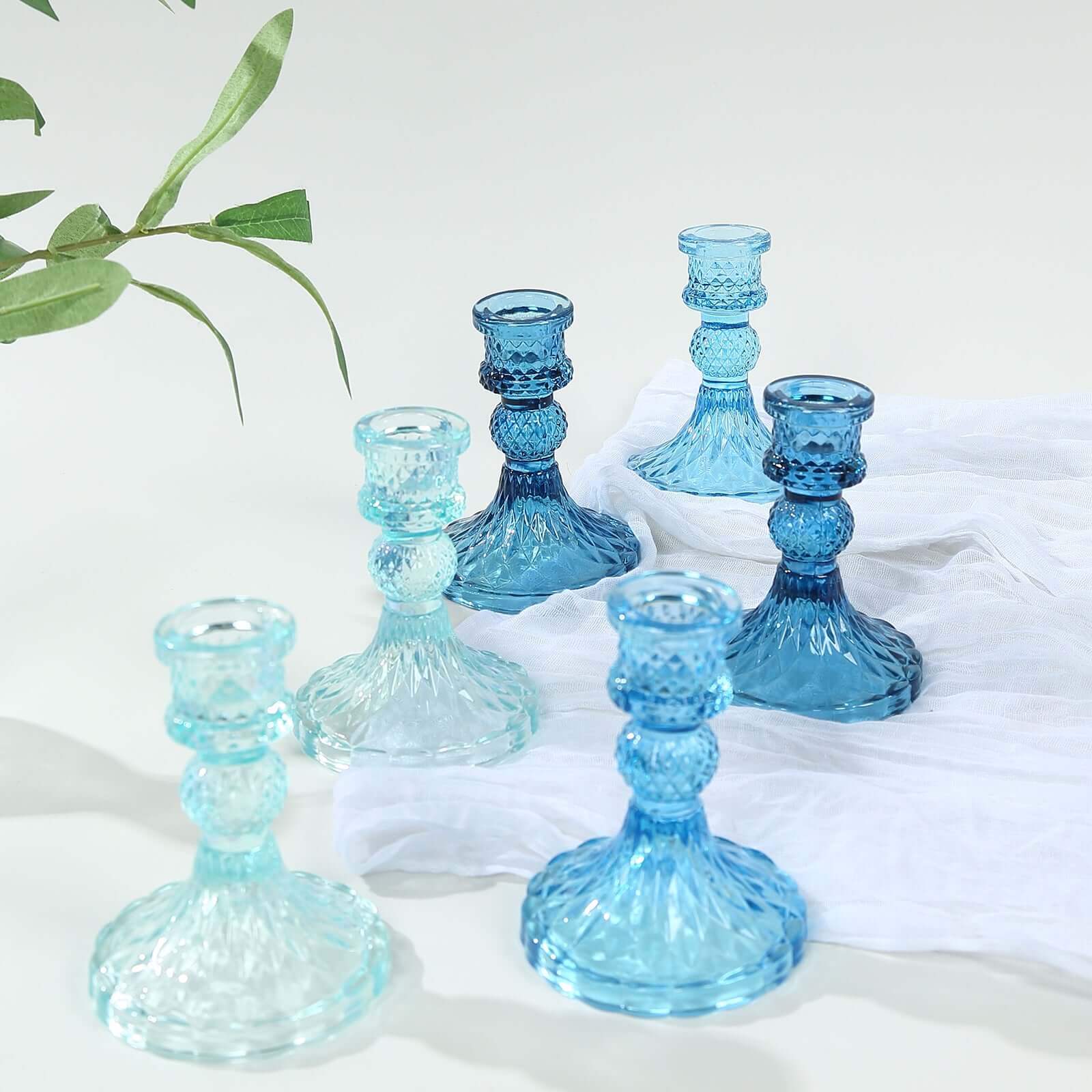 6-Pack Glass Taper Candlestick Holders 4" Diamond Pattern Design Assorted Blue - Reversible Crystal Pillar Votive Stands - Image 8