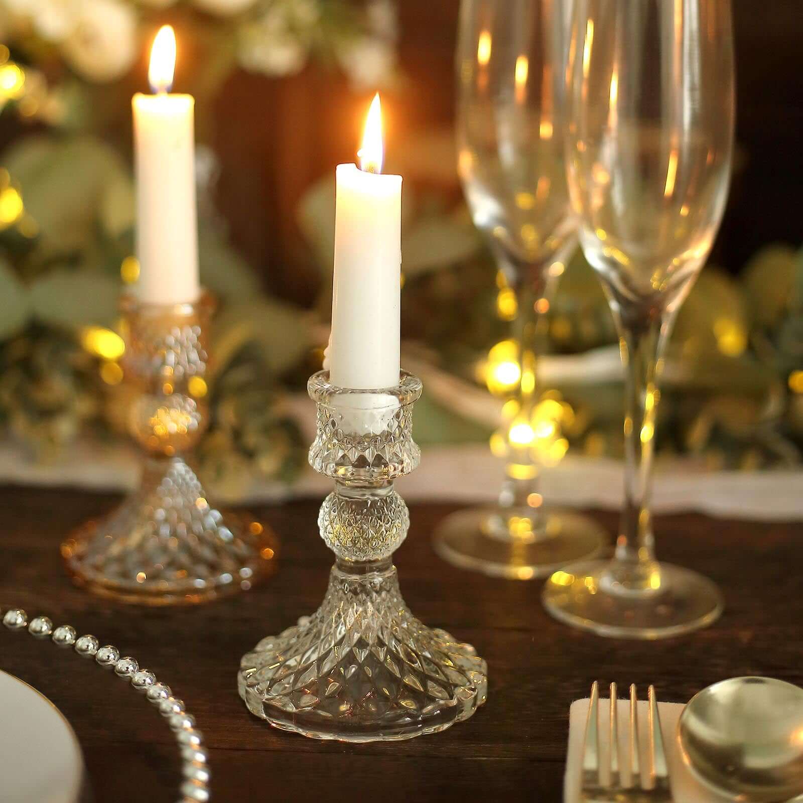 6-Pack Glass Taper Candlestick Holders 4" Diamond Pattern Design Clear - Reversible Crystal Pillar Votive Stands - Image 2