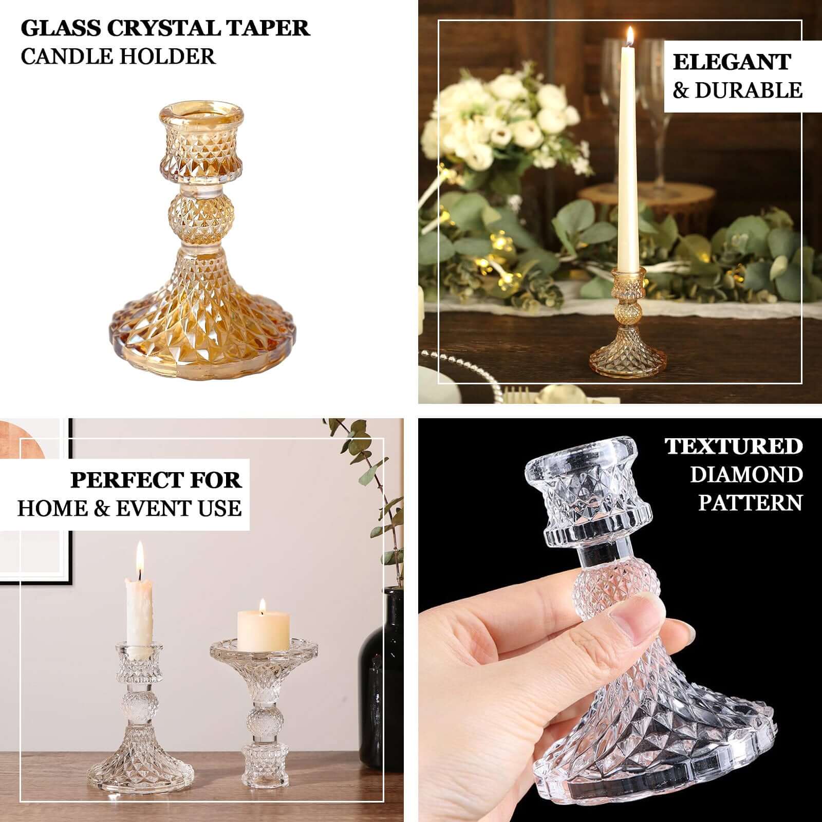 6-Pack Glass Taper Candlestick Holders 4" Diamond Pattern Design Clear - Reversible Crystal Pillar Votive Stands - Image 4