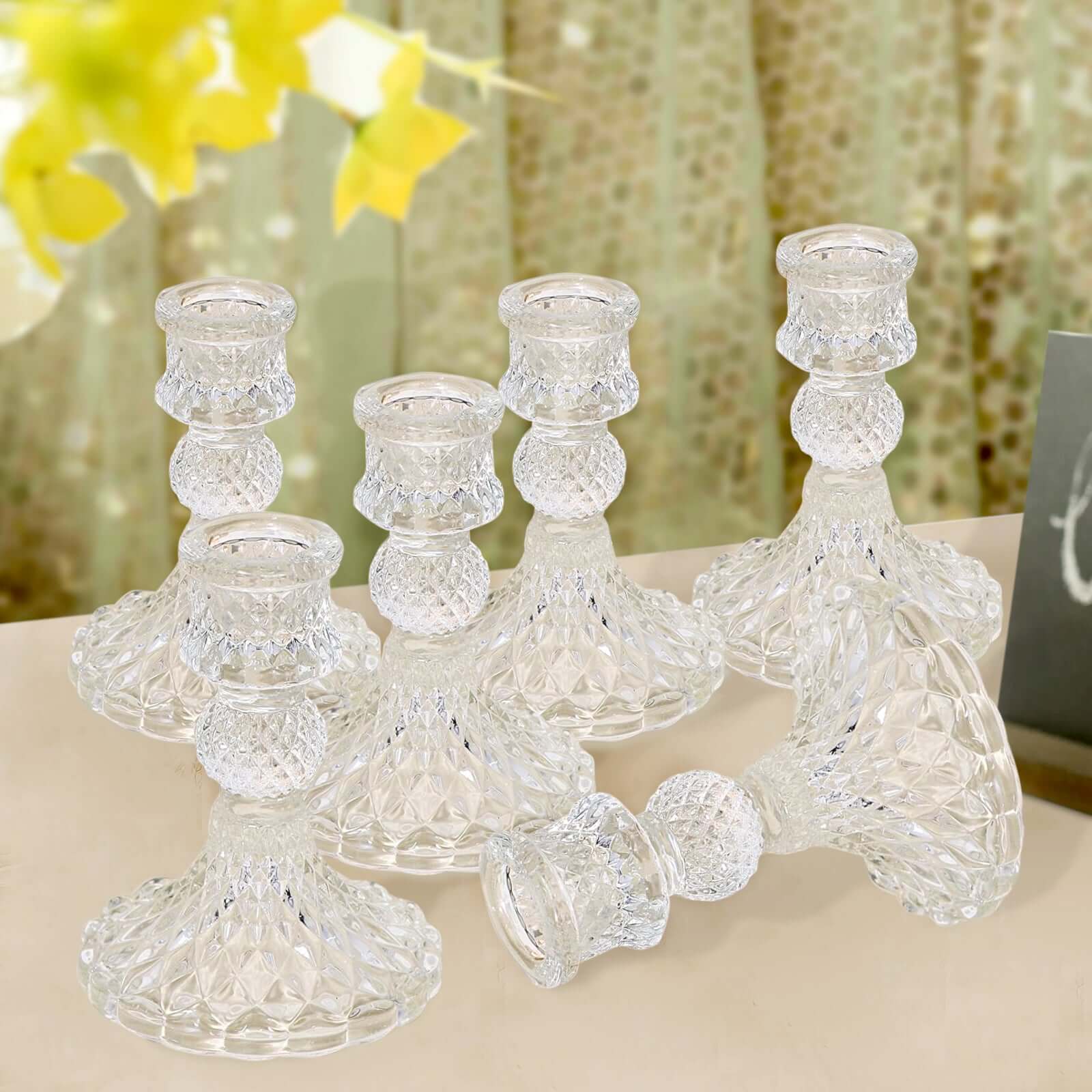 6-Pack Glass Taper Candlestick Holders 4" Diamond Pattern Design Clear - Reversible Crystal Pillar Votive Stands - Image 6