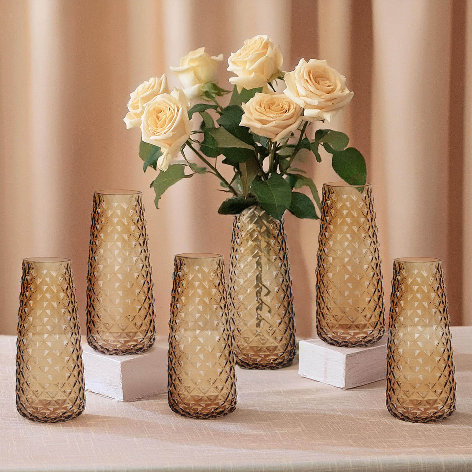 6-Pack Glass Urn Vases Diamond Crystal Cut Pattern 8.5" Amber Gold - Transparent Design for Floral Table Centerpieces - Image 2