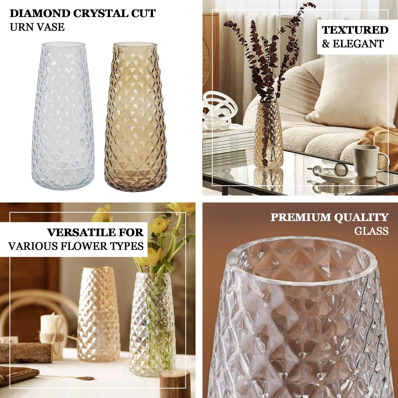 6-Pack Glass Urn Vases Diamond Crystal Cut Pattern 8.5" Amber Gold - Transparent Design for Floral Table Centerpieces - Image 4