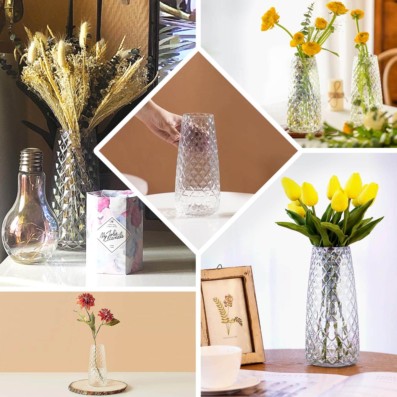 6-Pack Glass Urn Vases Diamond Crystal Cut Pattern 8.5" Amber Gold - Transparent Design for Floral Table Centerpieces - Image 5