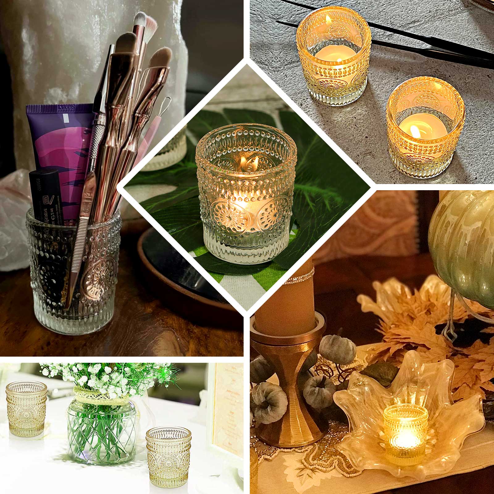 6 Pack Glass Votive Candle Holders in Clear Primrose Design, Votive Tealight Holders - Image 4
